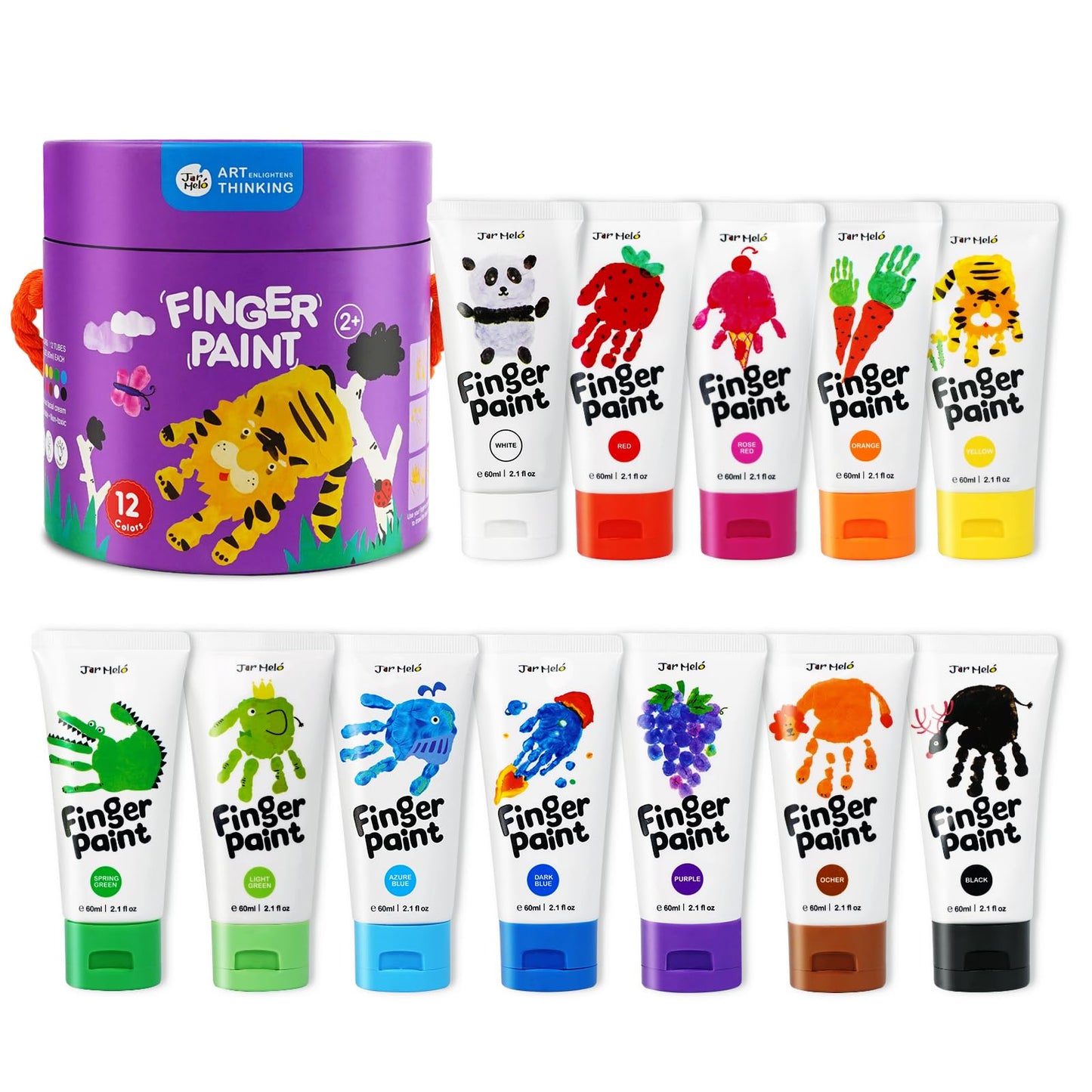 Jar Melo Washable Finger Paints for Toddlers – 12 Colors, Large 2.1oz Tubes, Non-Toxic