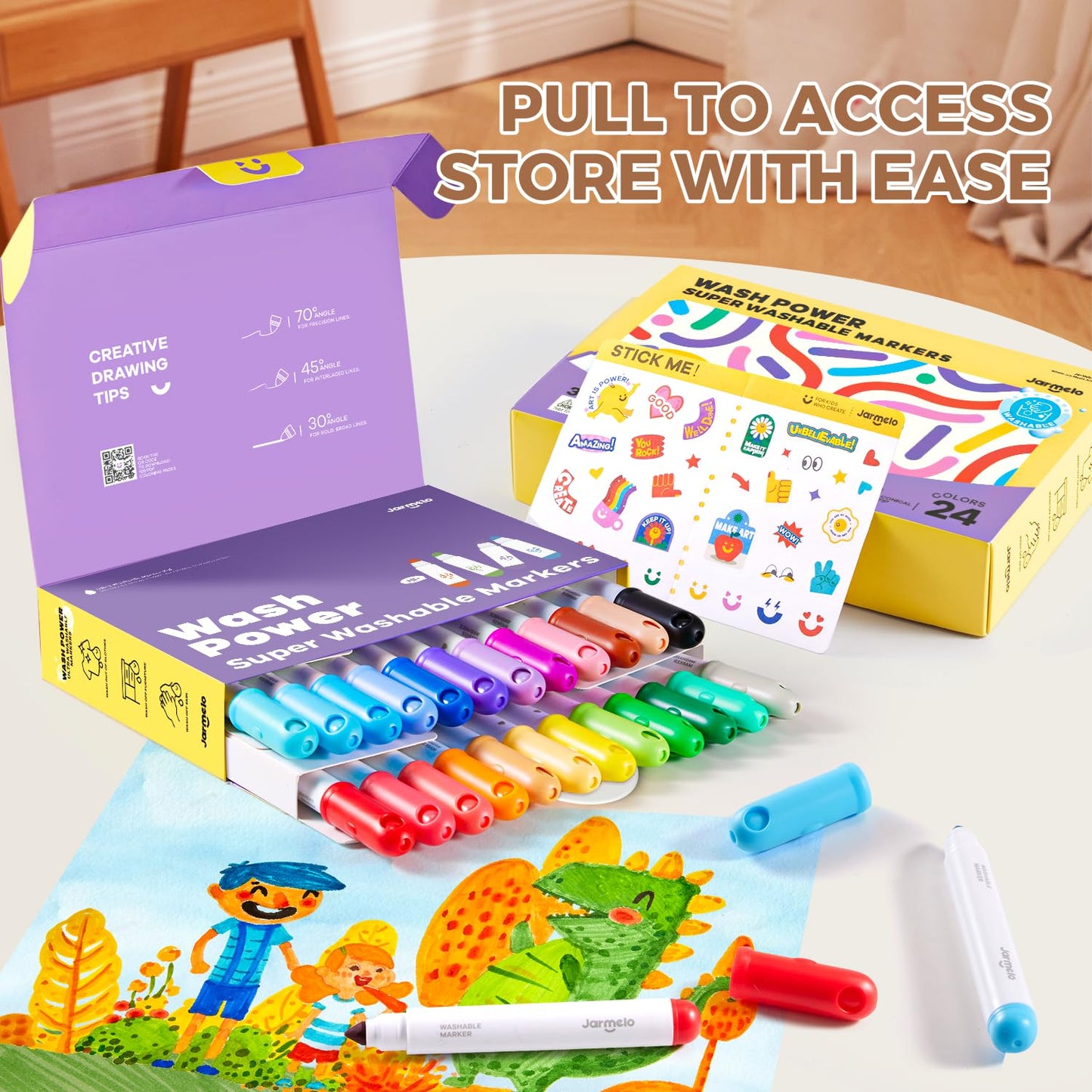 Jar Melo Washable Markers for Kids – 24 Colors, Safe, Non-Toxic, Easy Clean-Up