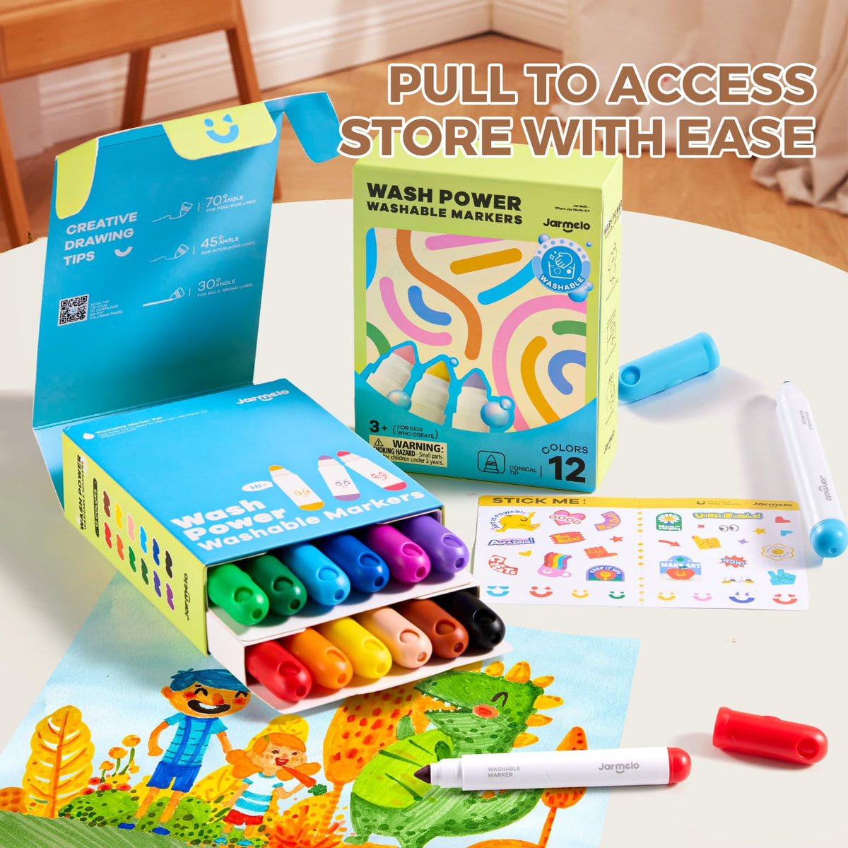 Jar Melo Washable Markers – 12 Color Set, Safe Water-Based Markers for Kids Ages 1-8