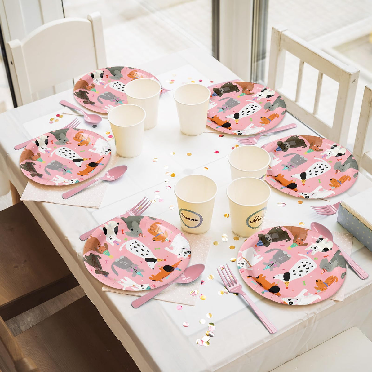 JarThenaAMCS 96-Piece Dog Birthday Tableware Set – 24 Dinner Plates, 24 Dessert Plates, 24 Napkins, 24 Forks