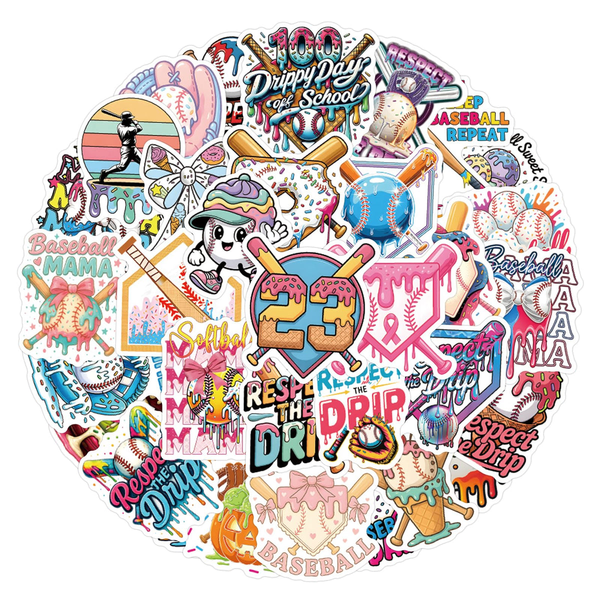 Jaskgom 110Pcs Baseball Ice Cream Drip Stickers – Colorful Sports Party Favors