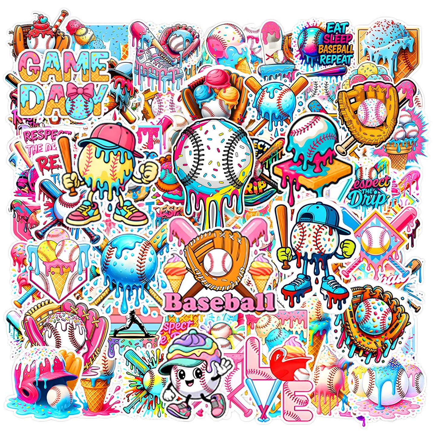 Jaskgom 110Pcs Baseball Ice Cream Drip Stickers – Colorful Sports Party Favors