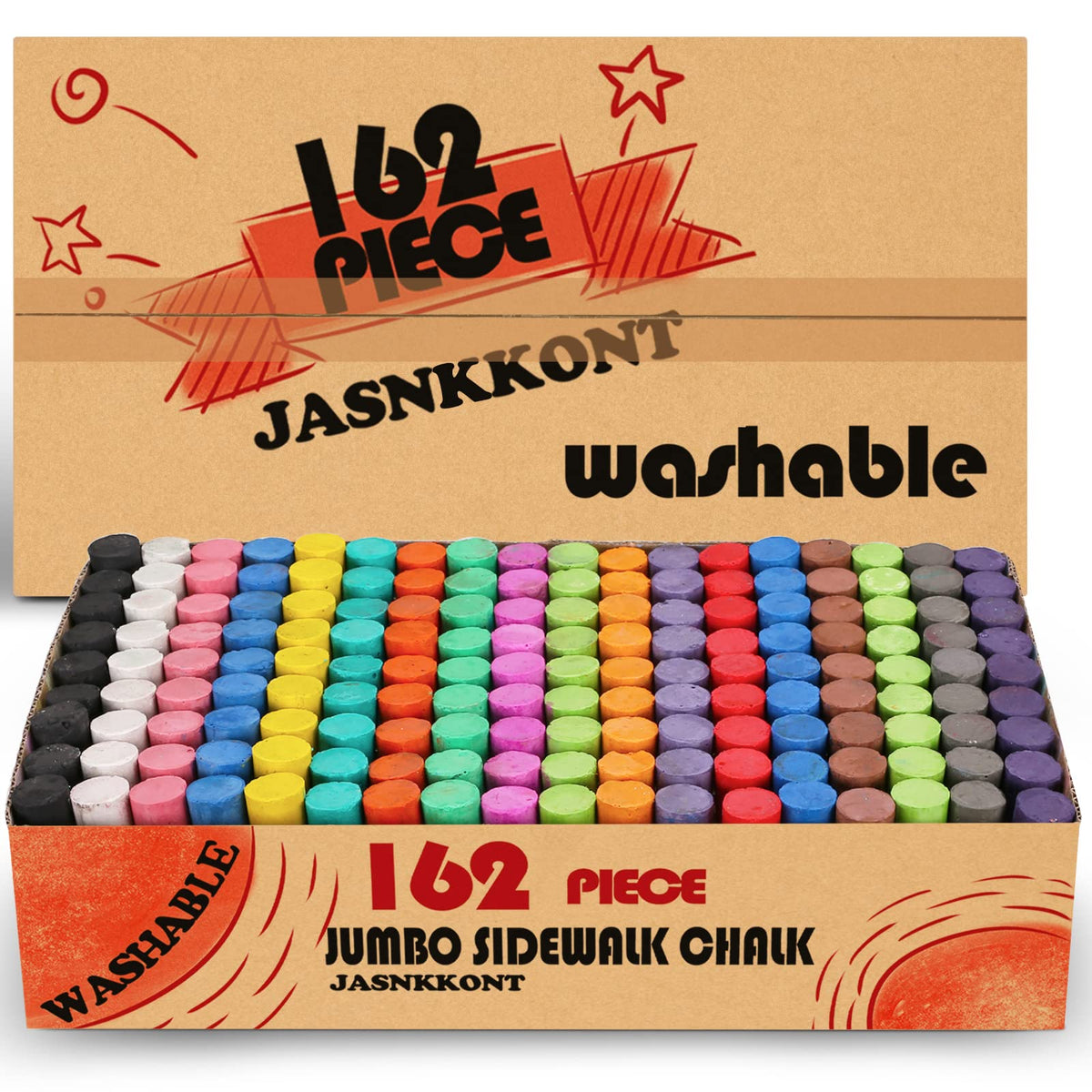 JASNKKONT 162-Pack 18-Color Jumbo Sidewalk Chalk Set | Non-Toxic Outdoor Art for Kids & Adults