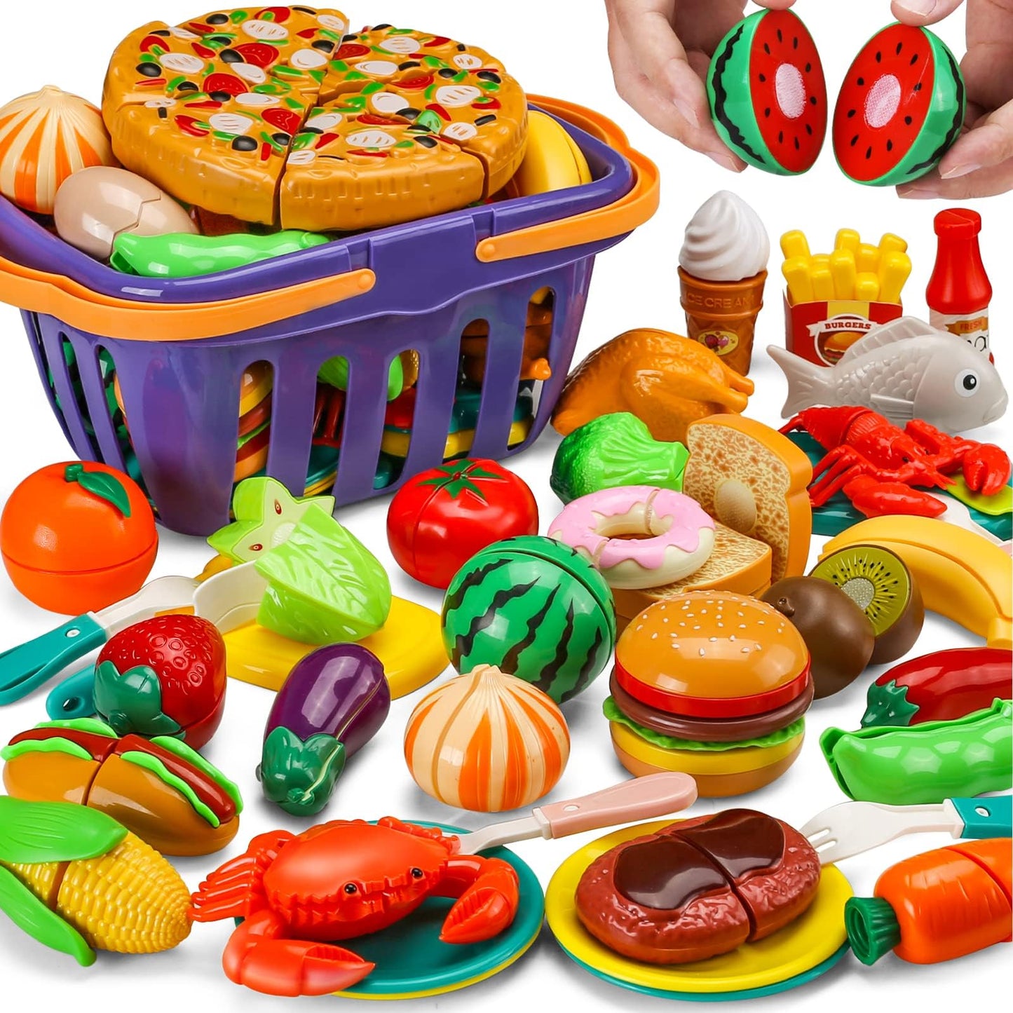 JASNKKONT 42-Item Cutting Play Kitchen Set – 87 Pieces with Storage Basket