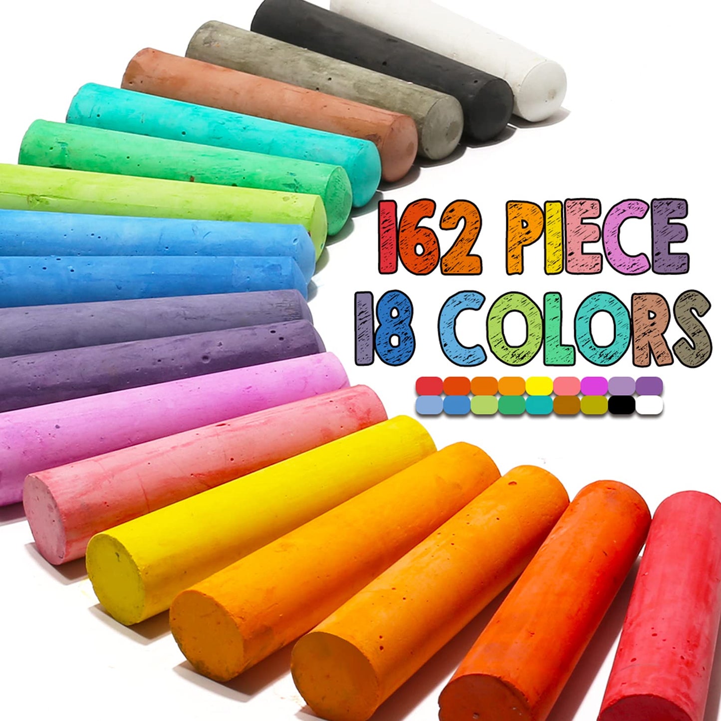 JASNKKONT 162-Pack 18-Color Jumbo Sidewalk Chalk Set | Non-Toxic Outdoor Art for Kids & Adults