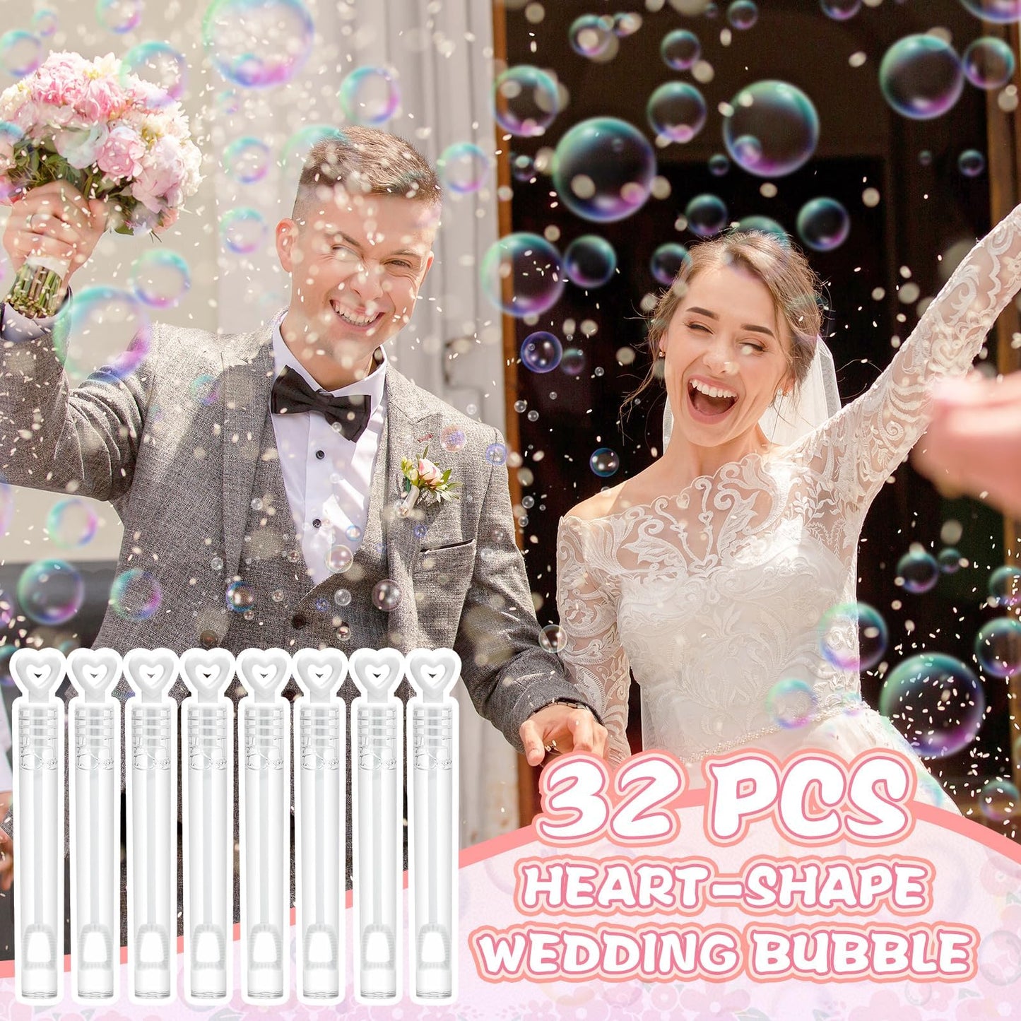 JASNKKONT 32Pcs Wedding Bubble Wands Bulk – White Heart Top Party Favors