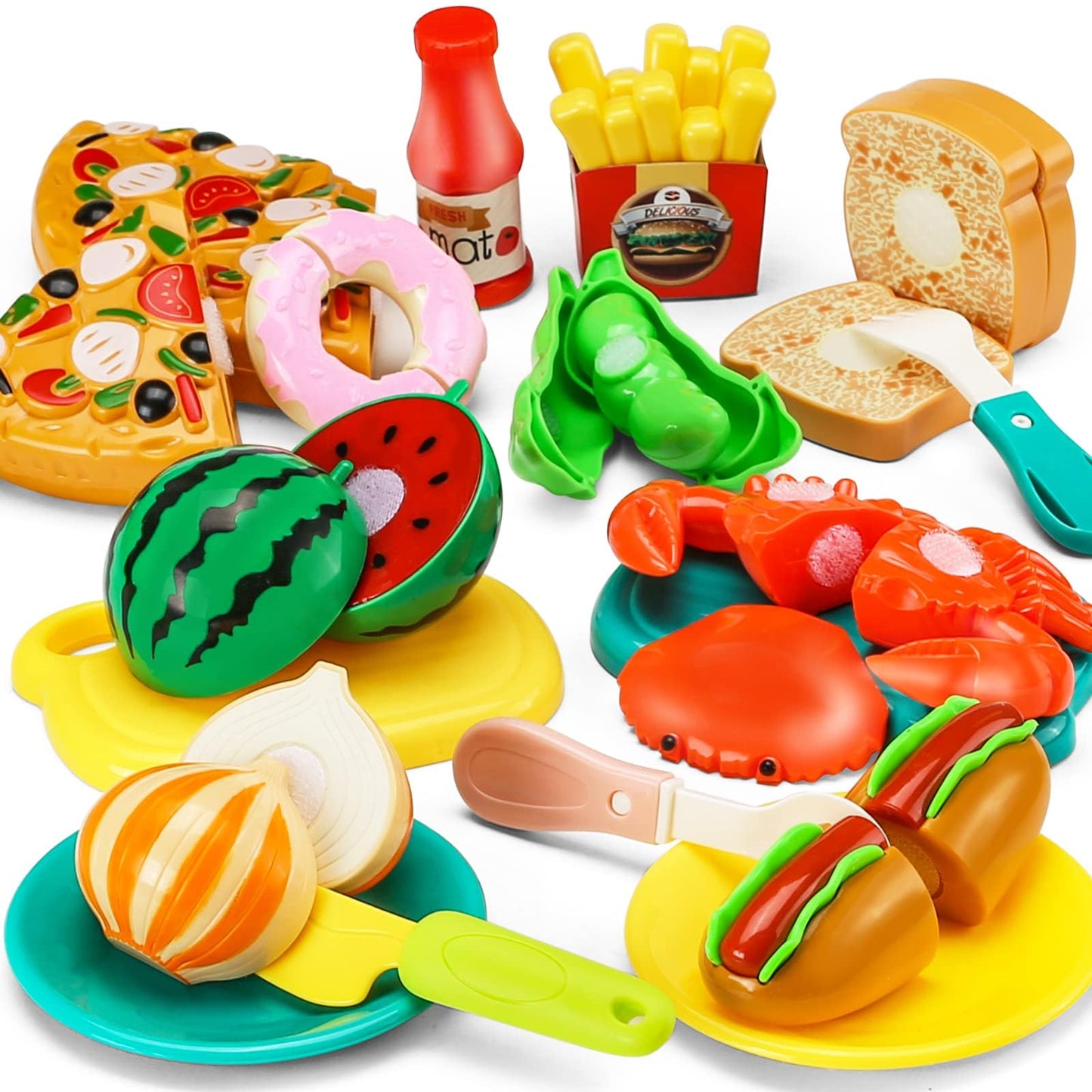 JASNKKONT 42-Item Cutting Play Kitchen Set – 87 Pieces with Storage Basket