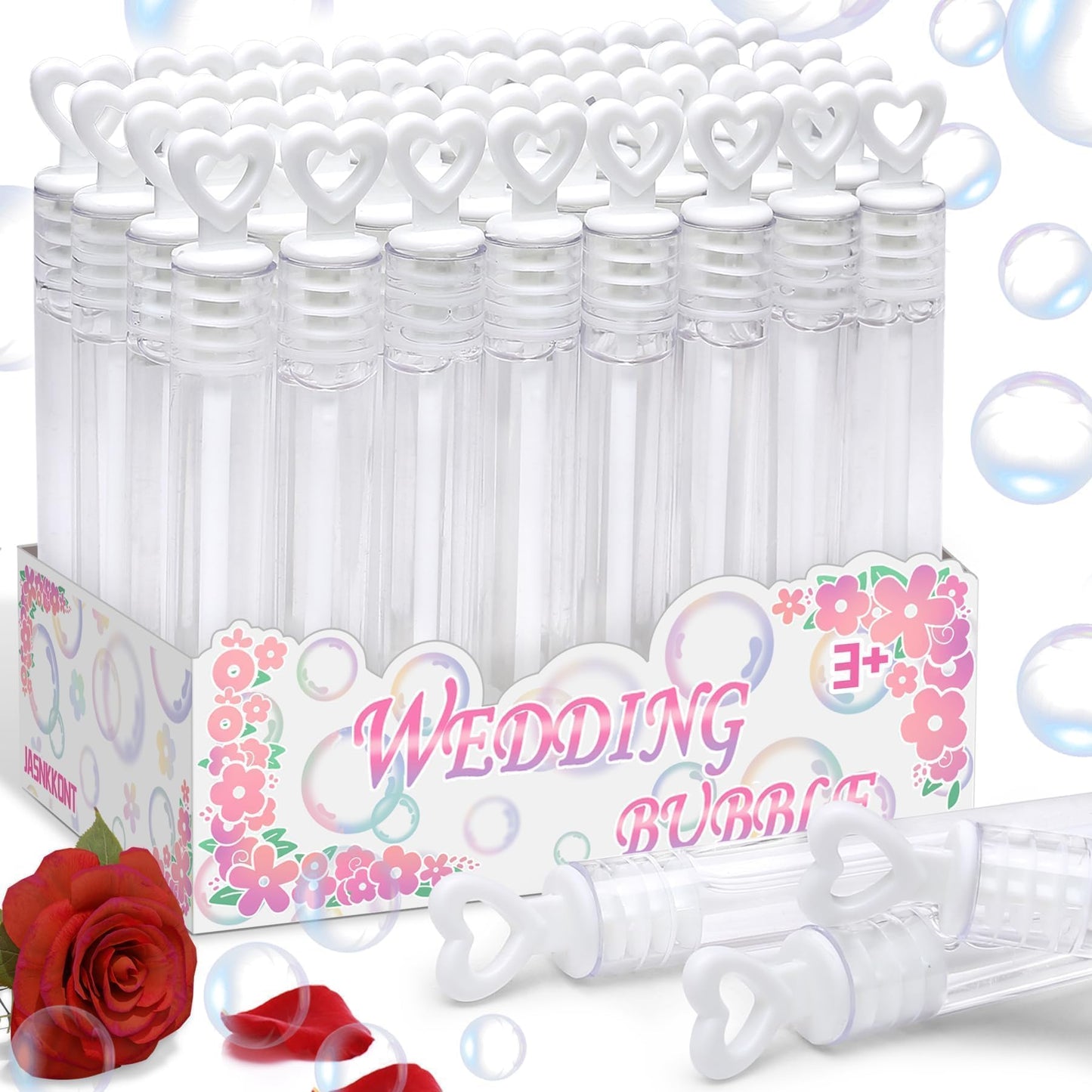 JASNKKONT 32Pcs Wedding Bubble Wands Bulk – White Heart Top Party Favors