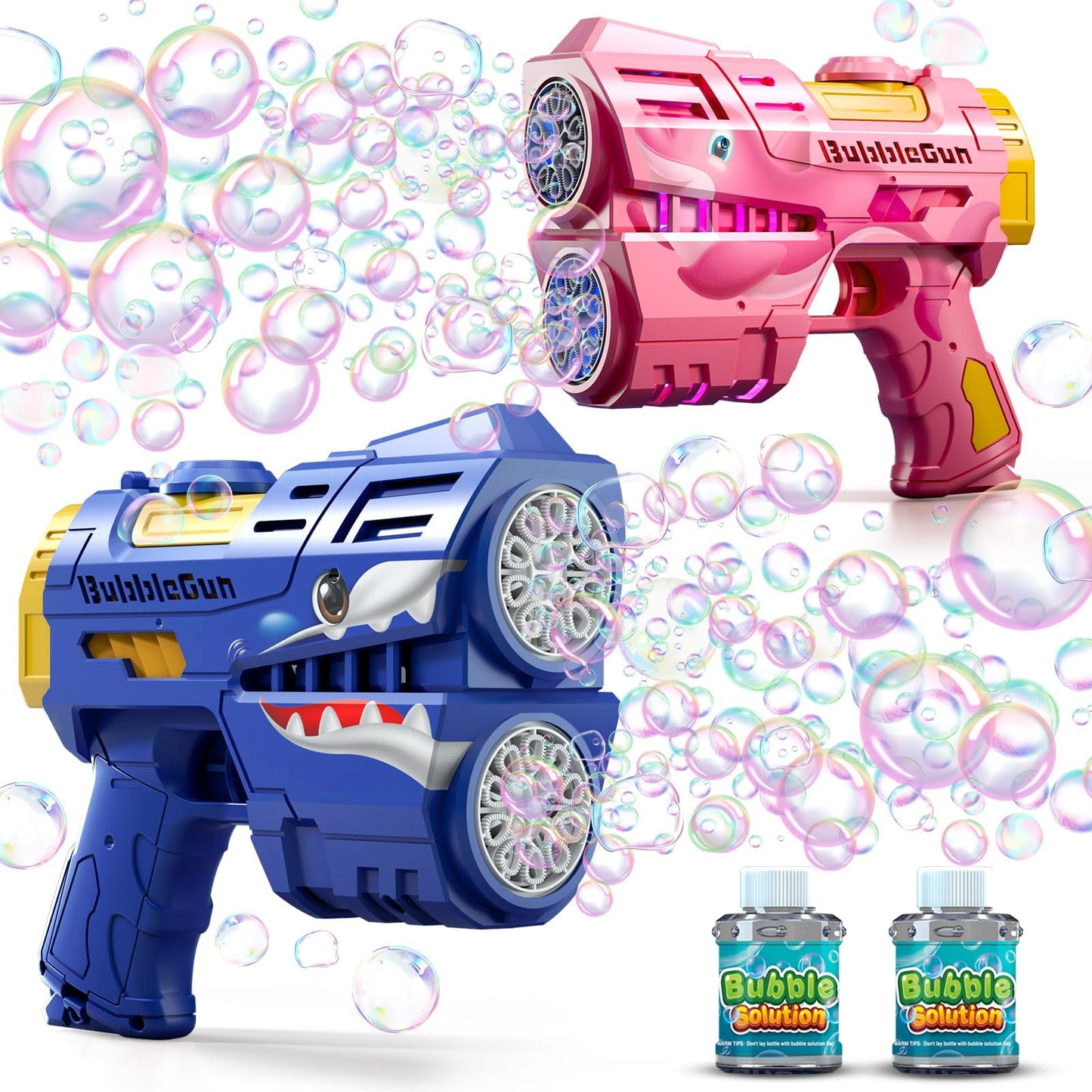 Jasny 2 Pack Bubble Guns for Kids – LED Dinosaur Bubble Machine Blasters with Refill Bottles