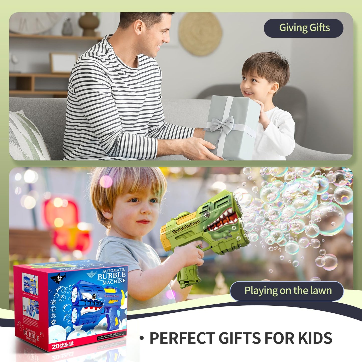 Jasny 2-Pack Bubble Guns for Kids | LED Light Up, Rechargeable Bubbles Machine