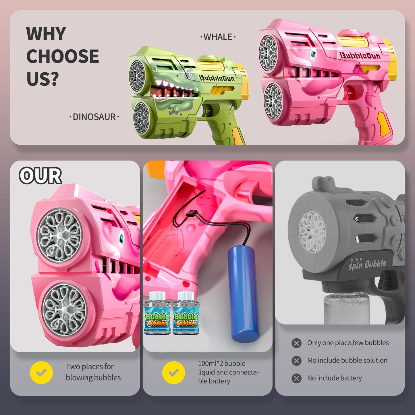 Jasny 2 Pack Rechargeable Dino Bubble Guns – LED Bubble Blaster for Kids