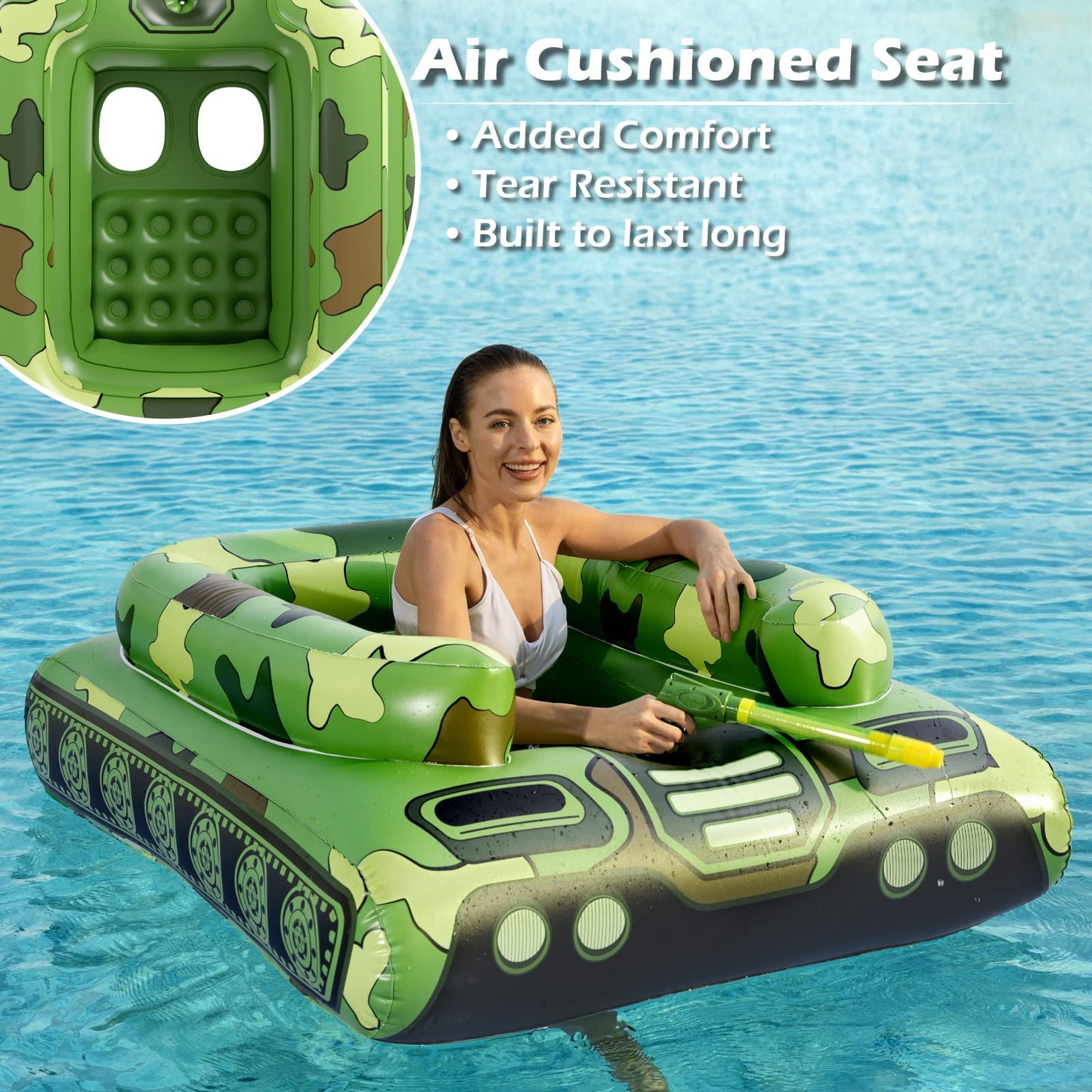Jasonwell Inflatable Tank Pool Float with Water Cannon — Green, Large Tank Float for Lake, Beach & Pool Parties