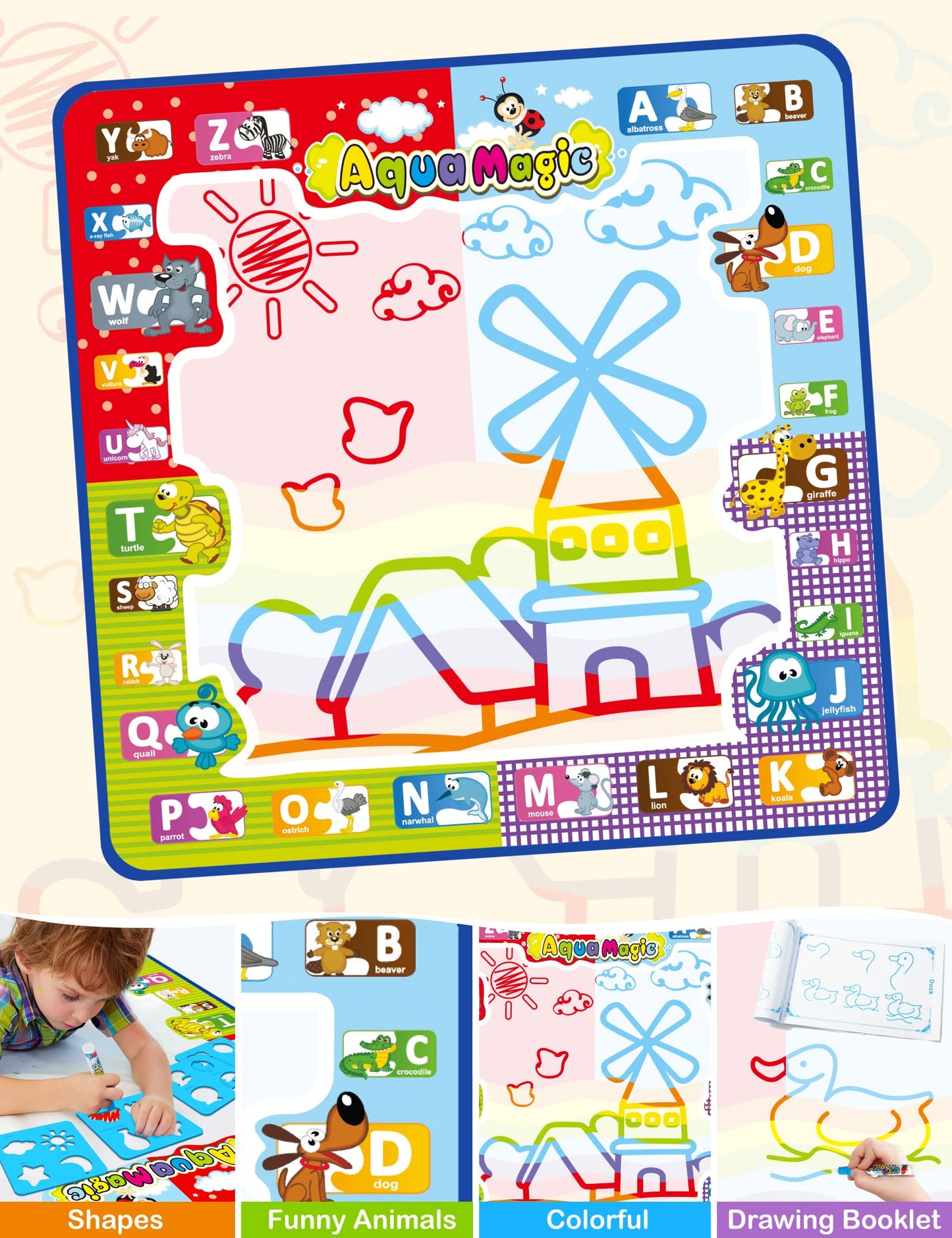 Jasonwell Aqua Water Doodle Mat 31x31 — Large Alphabet Water Drawing Pad for Kids