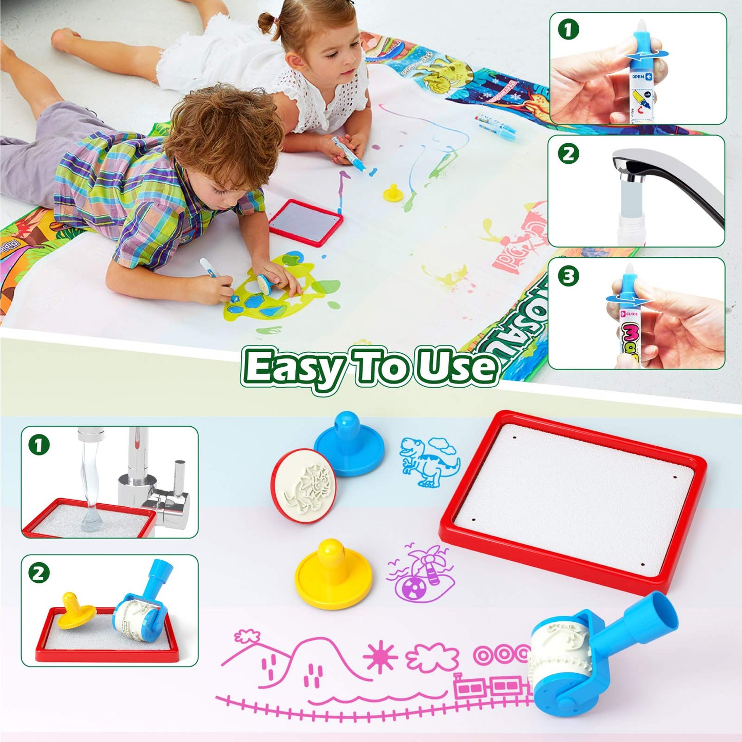 Jasonwell Aqua Water Doodle Mat 60x40 Inches – Dinosaur Themed Water Drawing for Kids