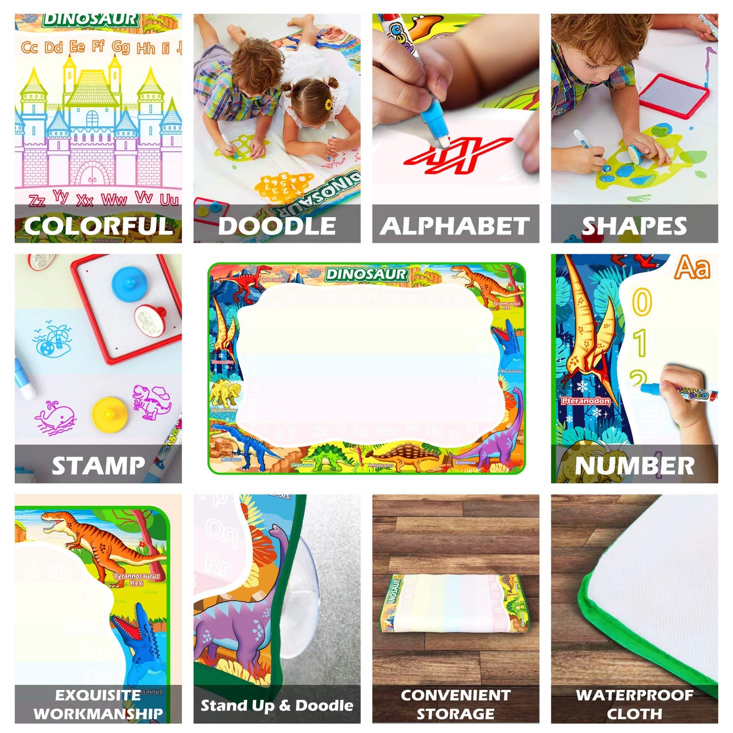 Jasonwell Aqua Water Doodle Mat 60x40 Inches – Dinosaur Themed Water Drawing for Kids
