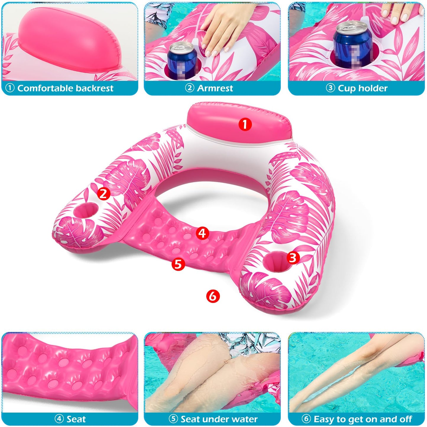 Jasonwell Inflatable Pool Float Chair – 2 Pack Lounge Floats with Cup Holders