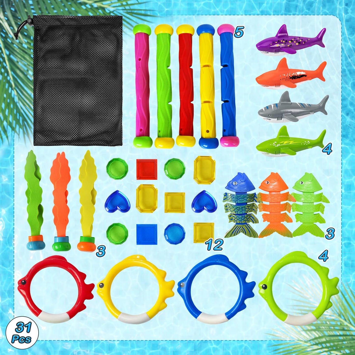 Jasonwell 31-Piece Pool Diving Toys Set – Rings, Sticks, Torpedoes & More for Kids, Teens & Families