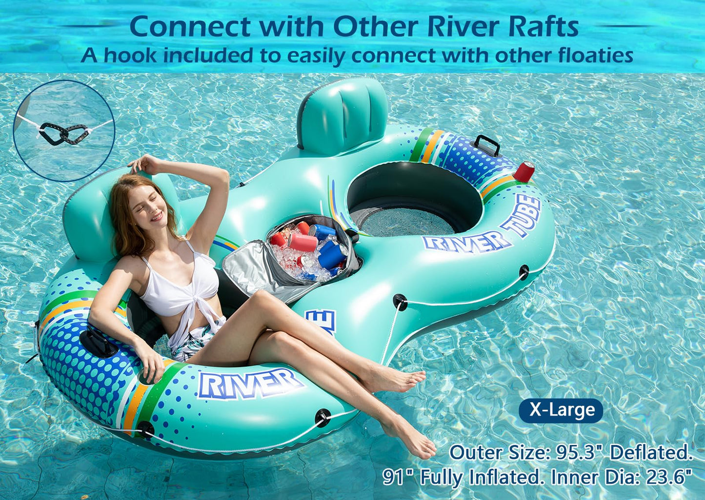 Jasonwell Heavy-Duty 2-Person Inflatable River Tube with Removable Cooler – Cyan