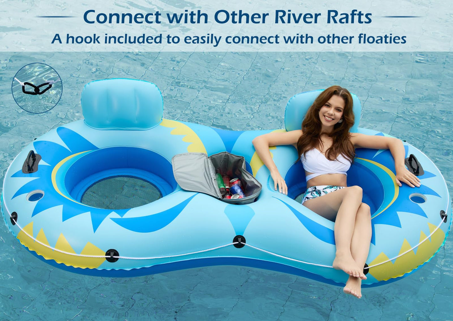 Jasonwell Inflatable River Tube Float - 2 Person Heavy-Duty River Lounge with Removable Cooler & Cup Holders
