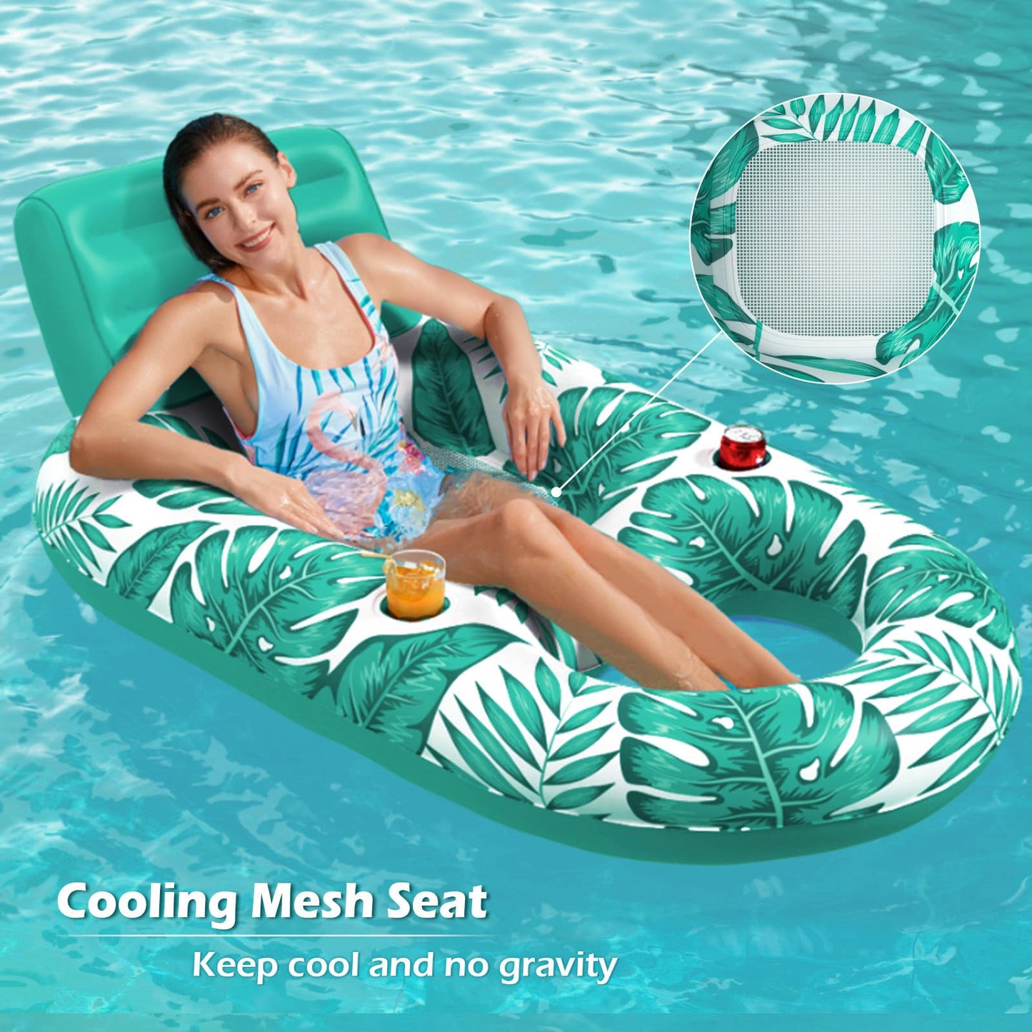 Jasonwell Inflatable Pool Float Adult - Lounge Lounger with Cup Holders & Mesh Seat