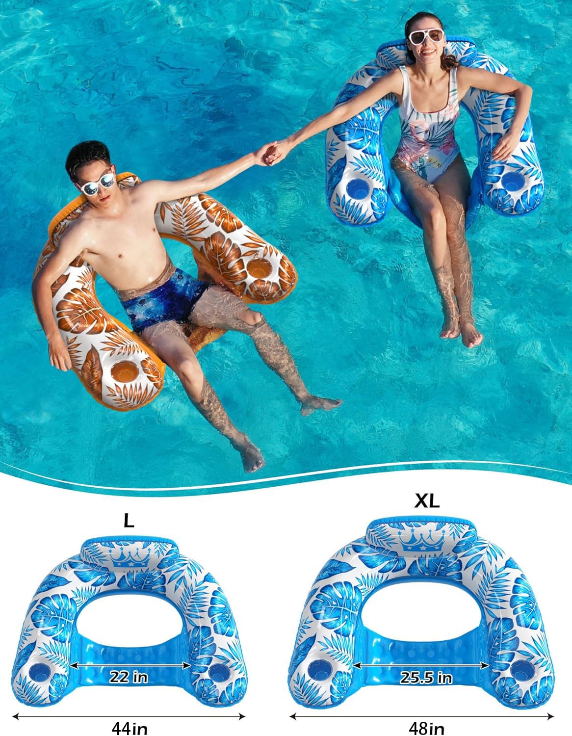 Jasonwell Inflatable Pool Float Chair 2-Pack | Loungers with Cup Holders