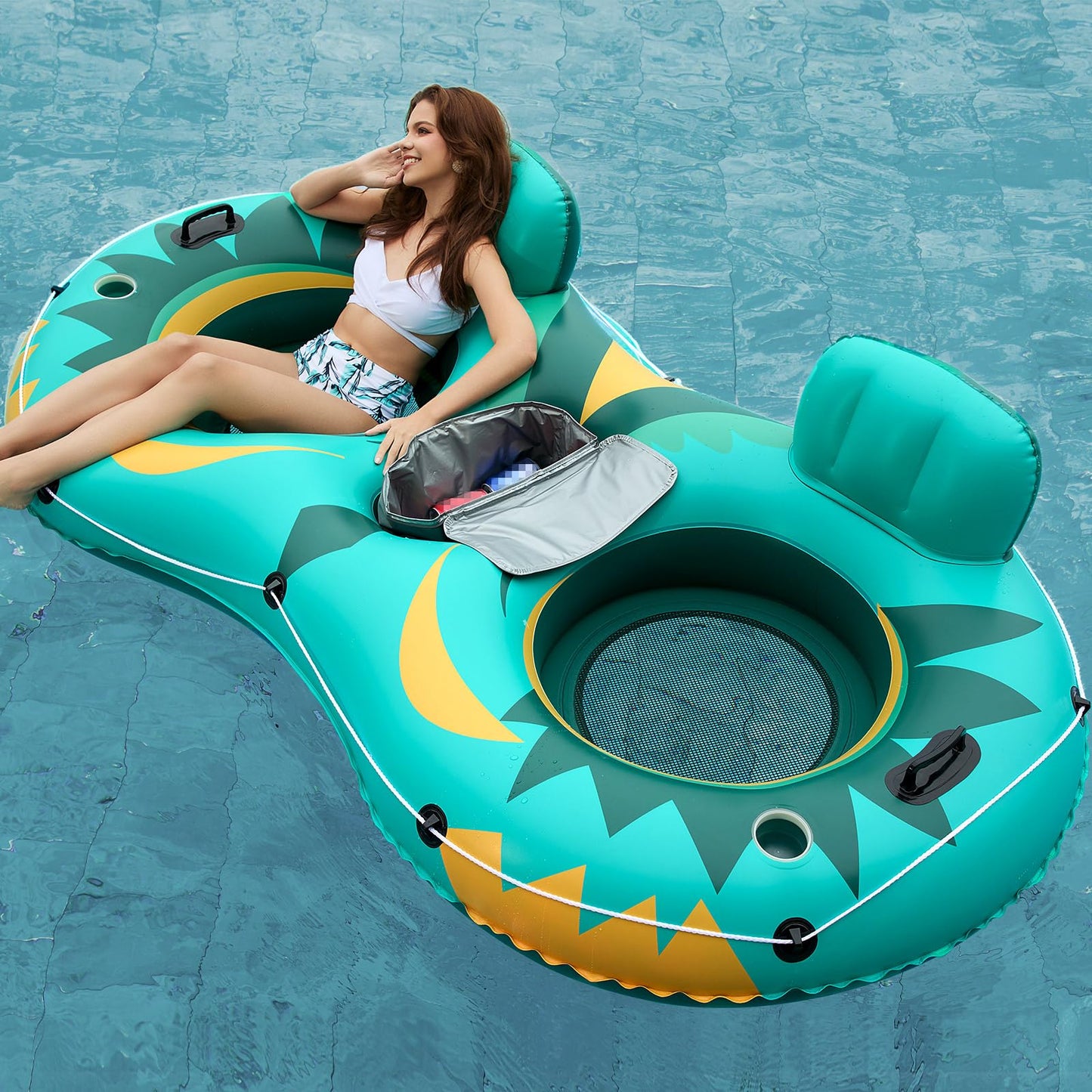 Jasonwell Inflatable River Tube Float – 2 Person Heavy Duty River Raft with Removable Cooler, 2 Cup Holders