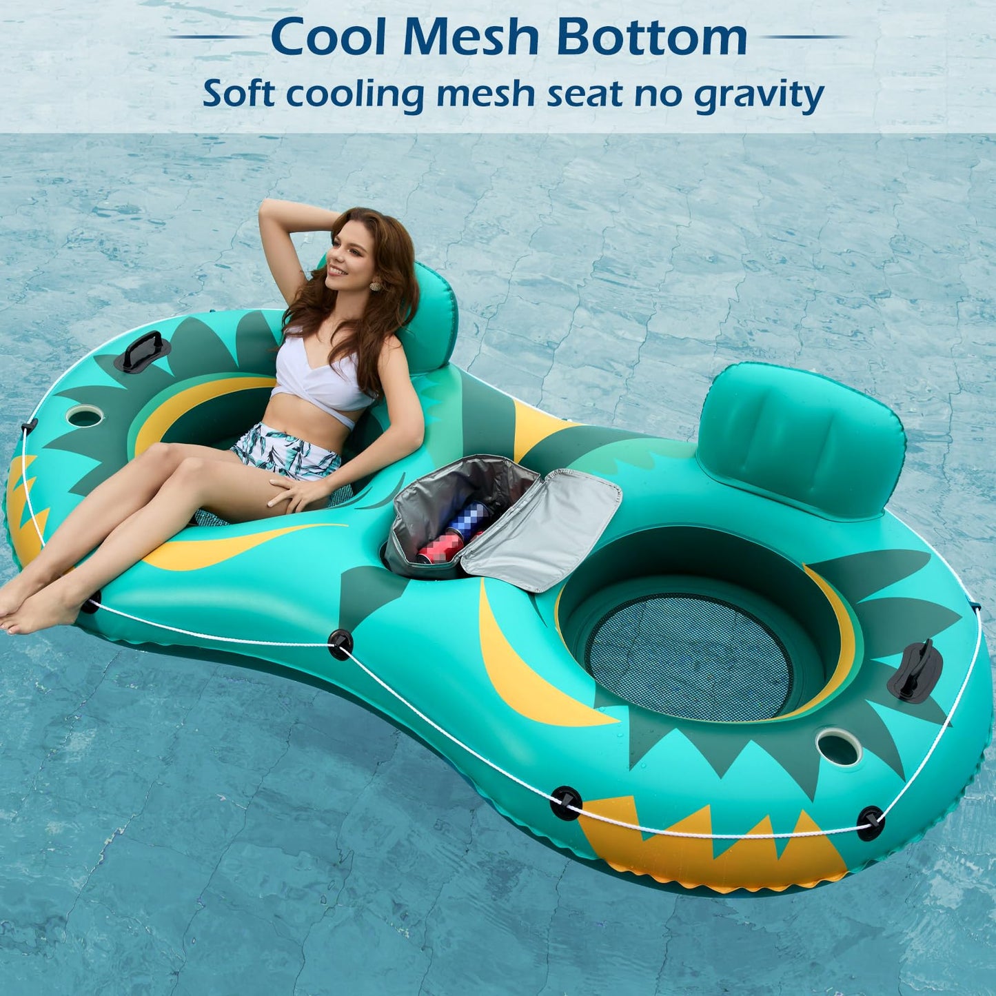 Jasonwell Inflatable River Tube Float – 2 Person Heavy Duty River Raft with Removable Cooler, 2 Cup Holders