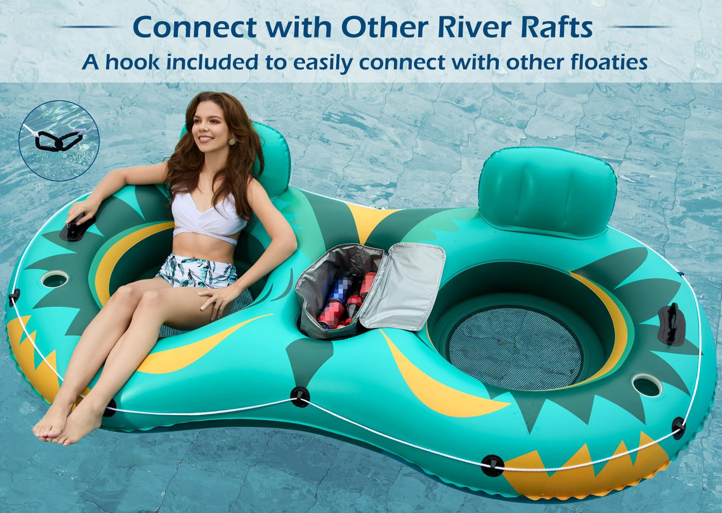 Jasonwell Inflatable River Tube Float – 2 Person Heavy Duty River Raft with Removable Cooler, 2 Cup Holders