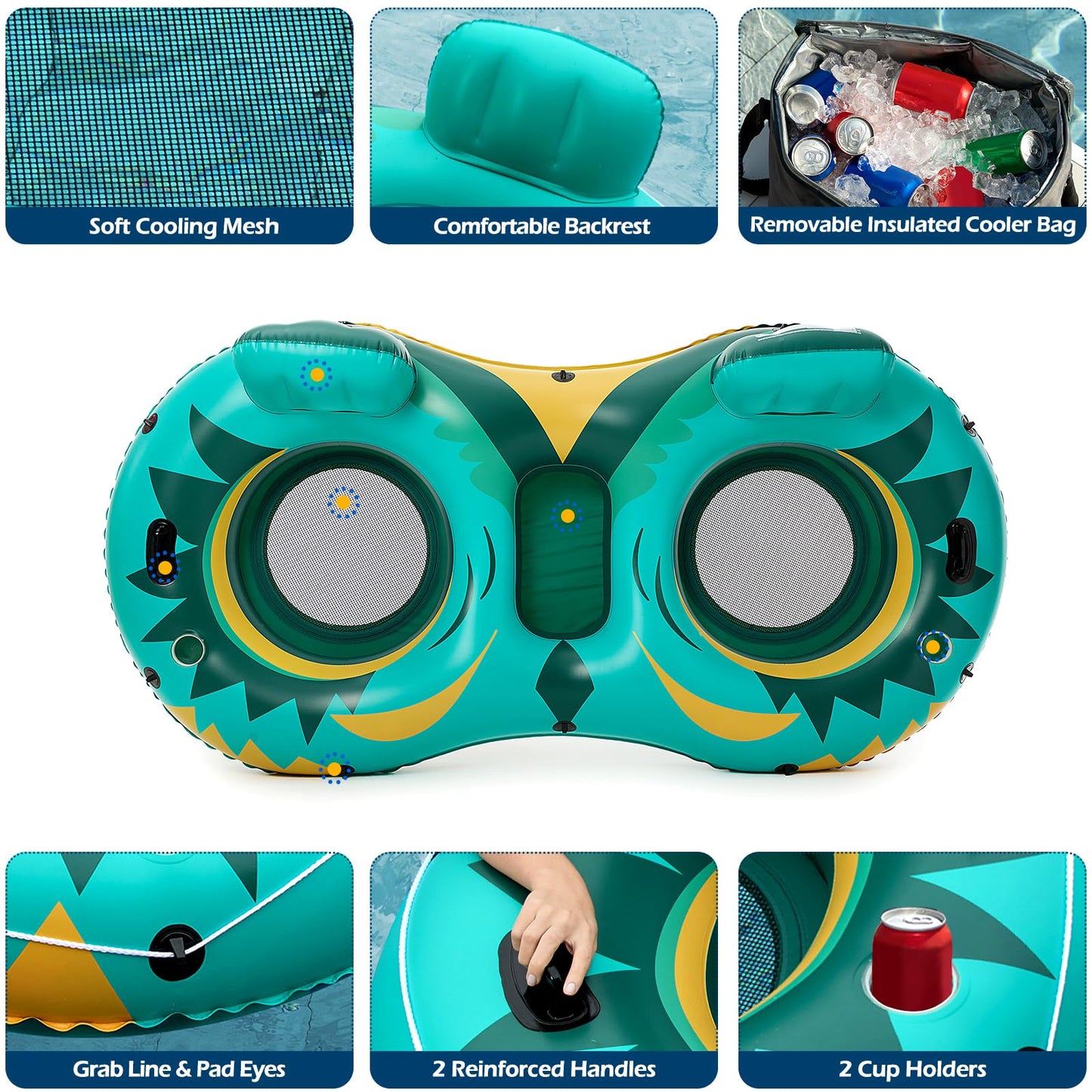 Jasonwell Inflatable River Tube Float – 2 Person Heavy Duty River Raft with Removable Cooler, 2 Cup Holders
