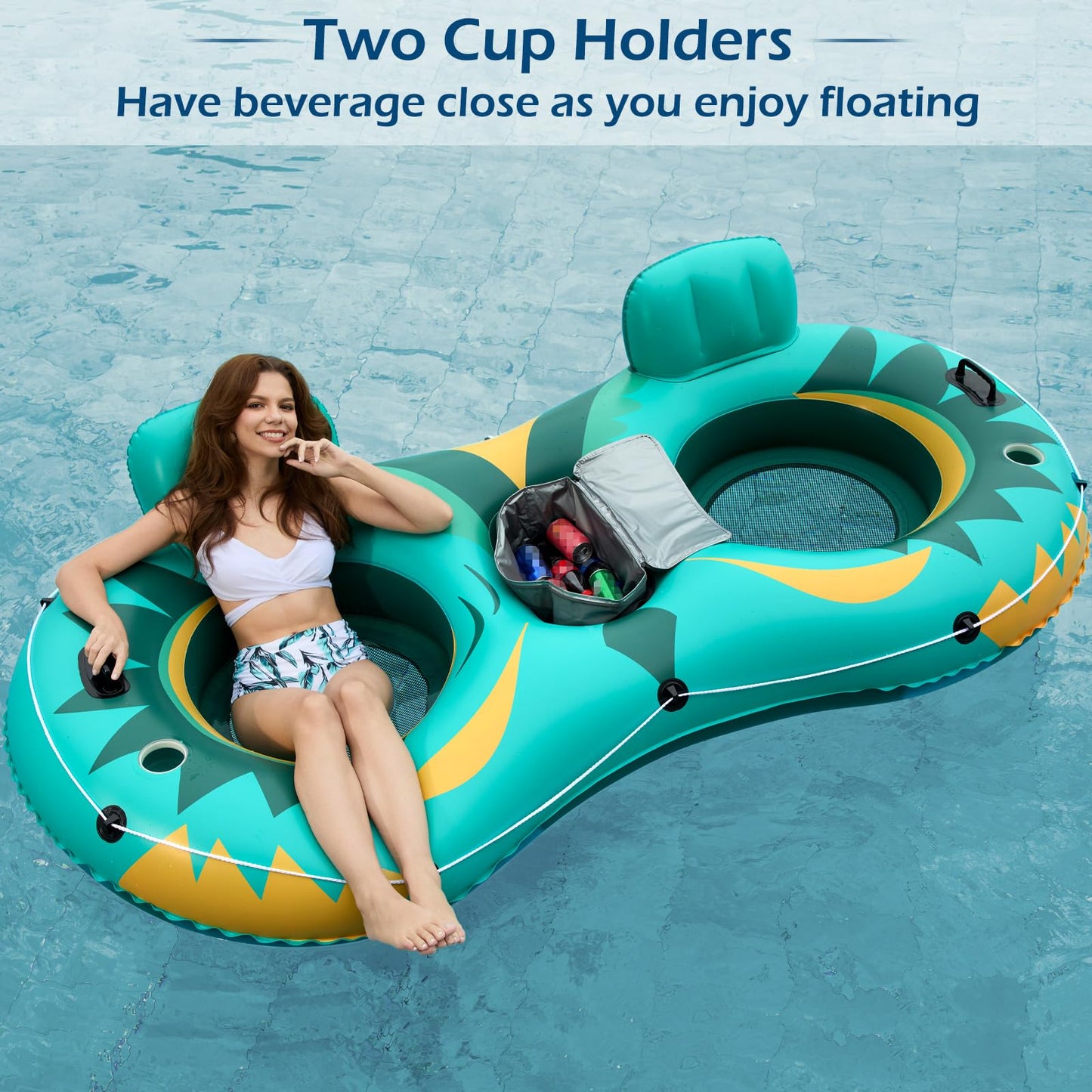 Jasonwell Inflatable River Tube Float – 2 Person Heavy Duty River Raft with Removable Cooler, 2 Cup Holders