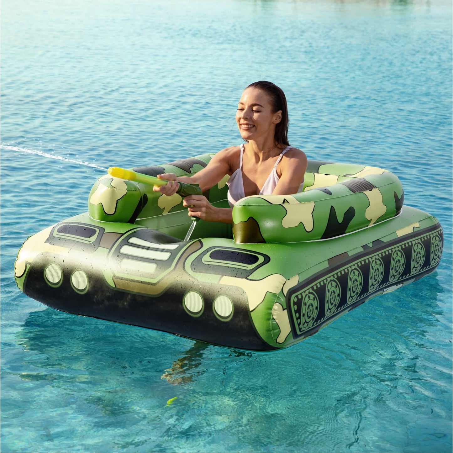 Jasonwell Inflatable Tank Pool Float with Water Cannon — Green, Large Tank Float for Lake, Beach & Pool Parties