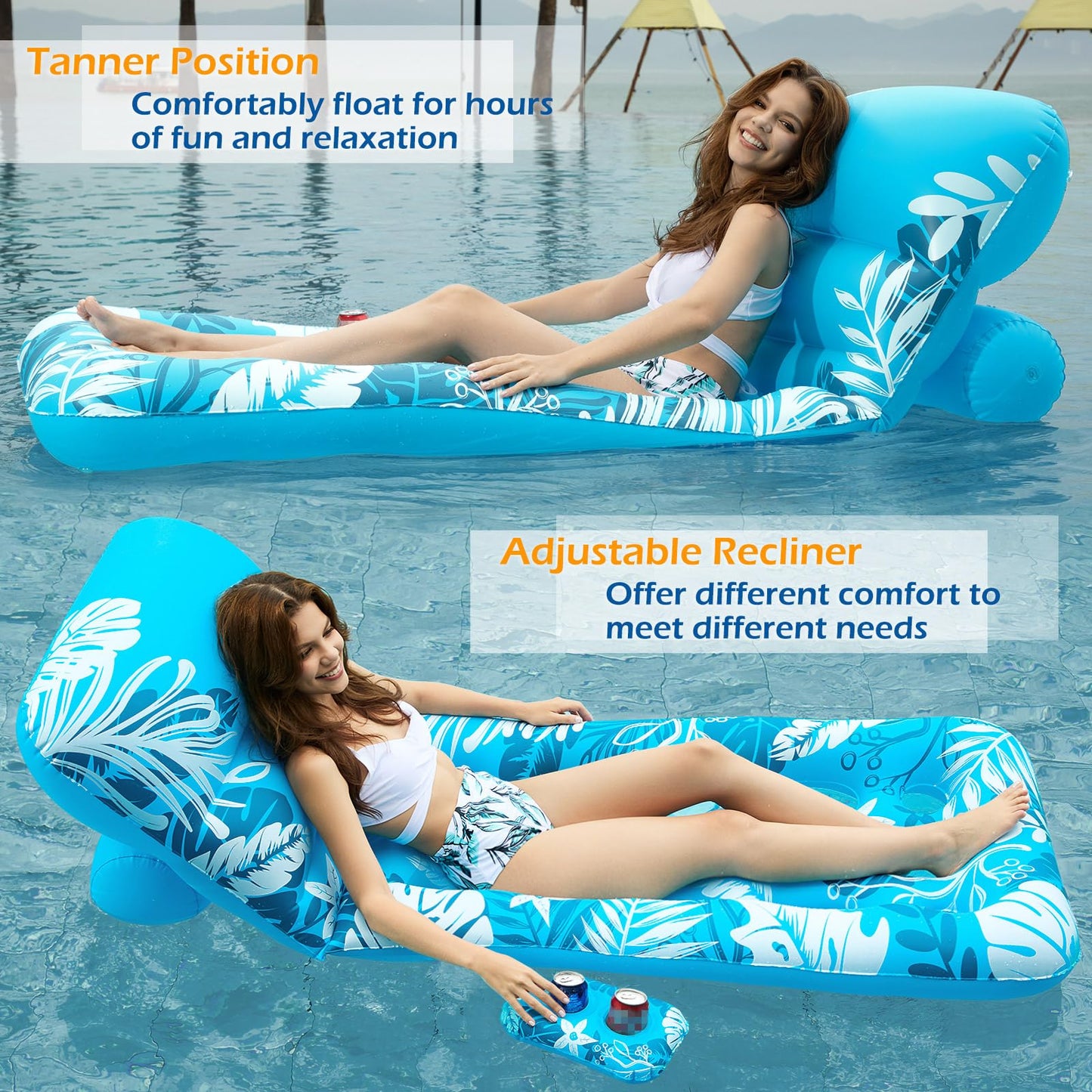 Jasonwell Inflatable Pool Float Adult – Adjustable Backrest & Cup Holders (Blue)