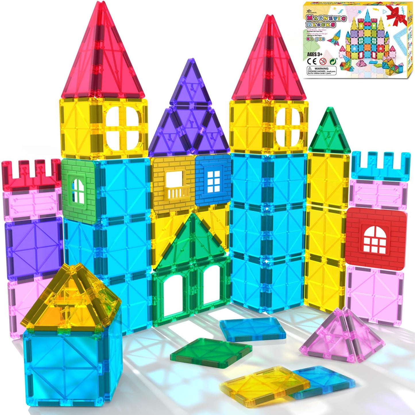 Jasonwell Magnetic Tiles 60PCS – STEM Building Blocks for Kids, Safe & Durable