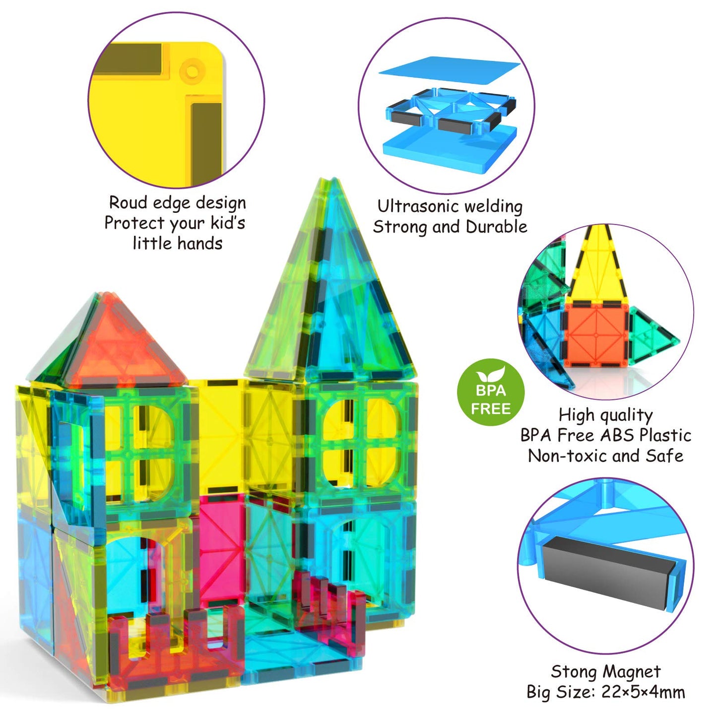 Jasonwell Magnetic Tiles 60PCS – STEM Building Blocks for Kids, Safe & Durable