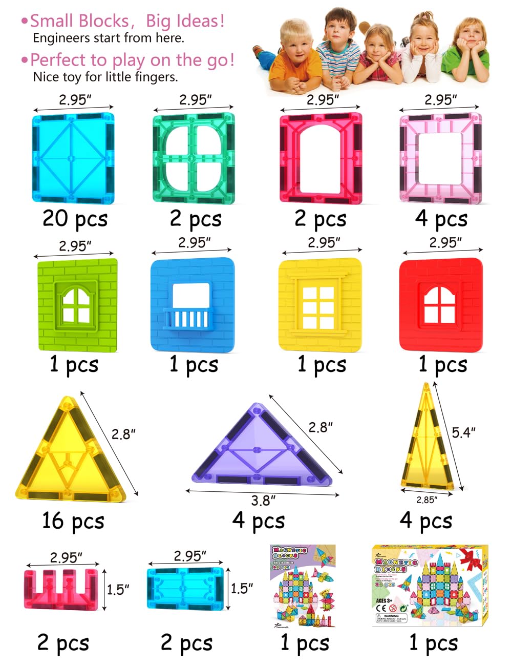 Jasonwell Magnetic Tiles 60PCS – STEM Building Blocks for Kids, Safe & Durable