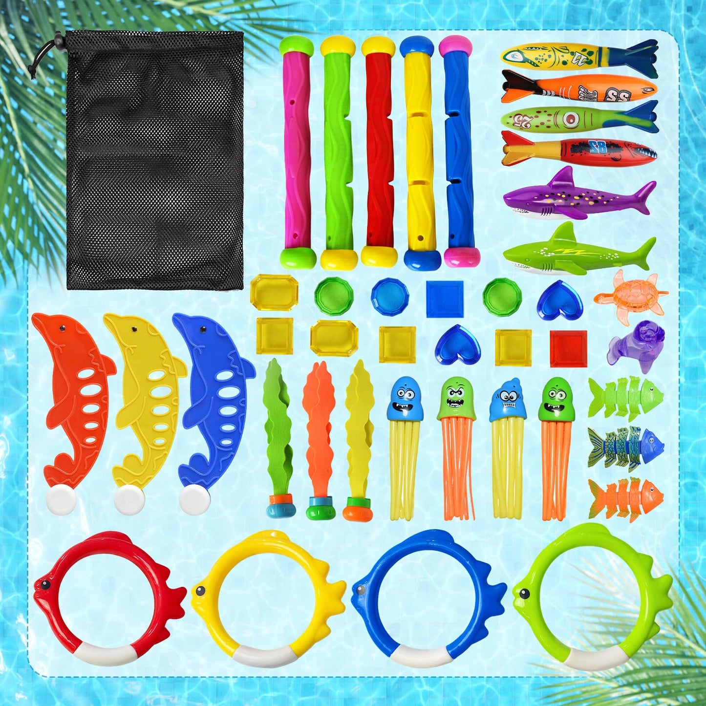 Jasonwell 42-Piece Pool Diving Toys Set – Dive Sticks, Rings, Dolphins & Treasure