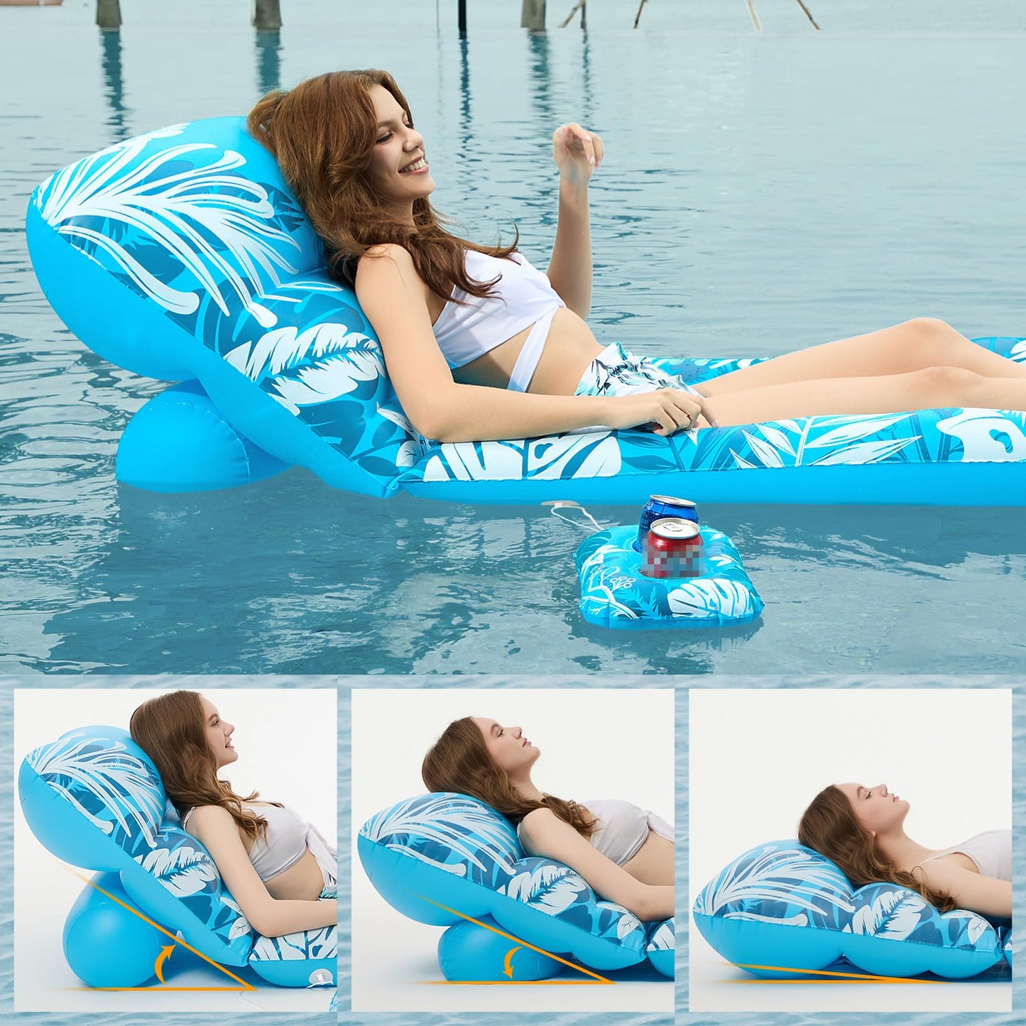 Jasonwell Inflatable Pool Float Adult – Adjustable Backrest & Cup Holders (Blue)
