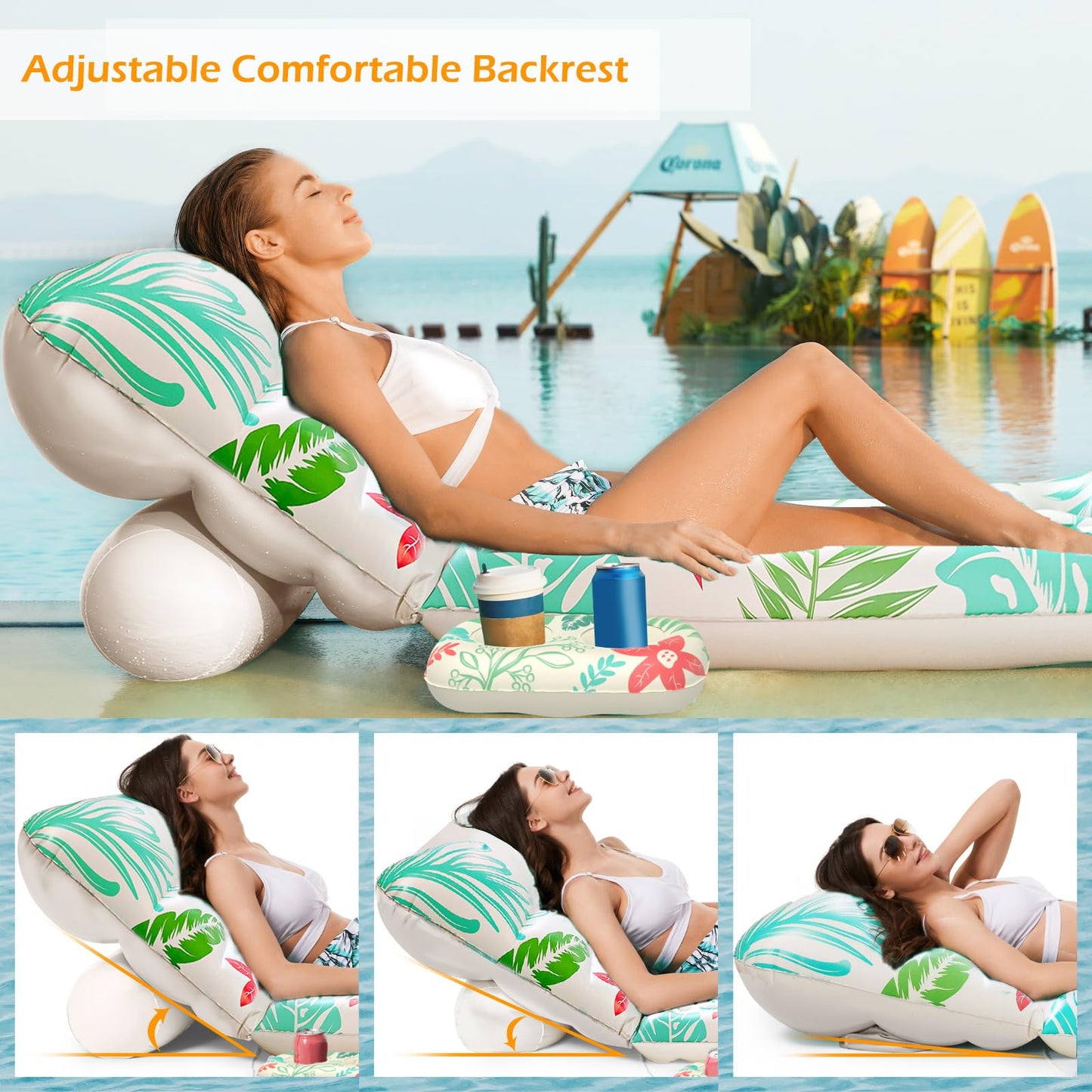 Jasonwell Inflatable Pool Float Lounger with Adjustable Backrest, Cup Holders, and Premium Vinyl