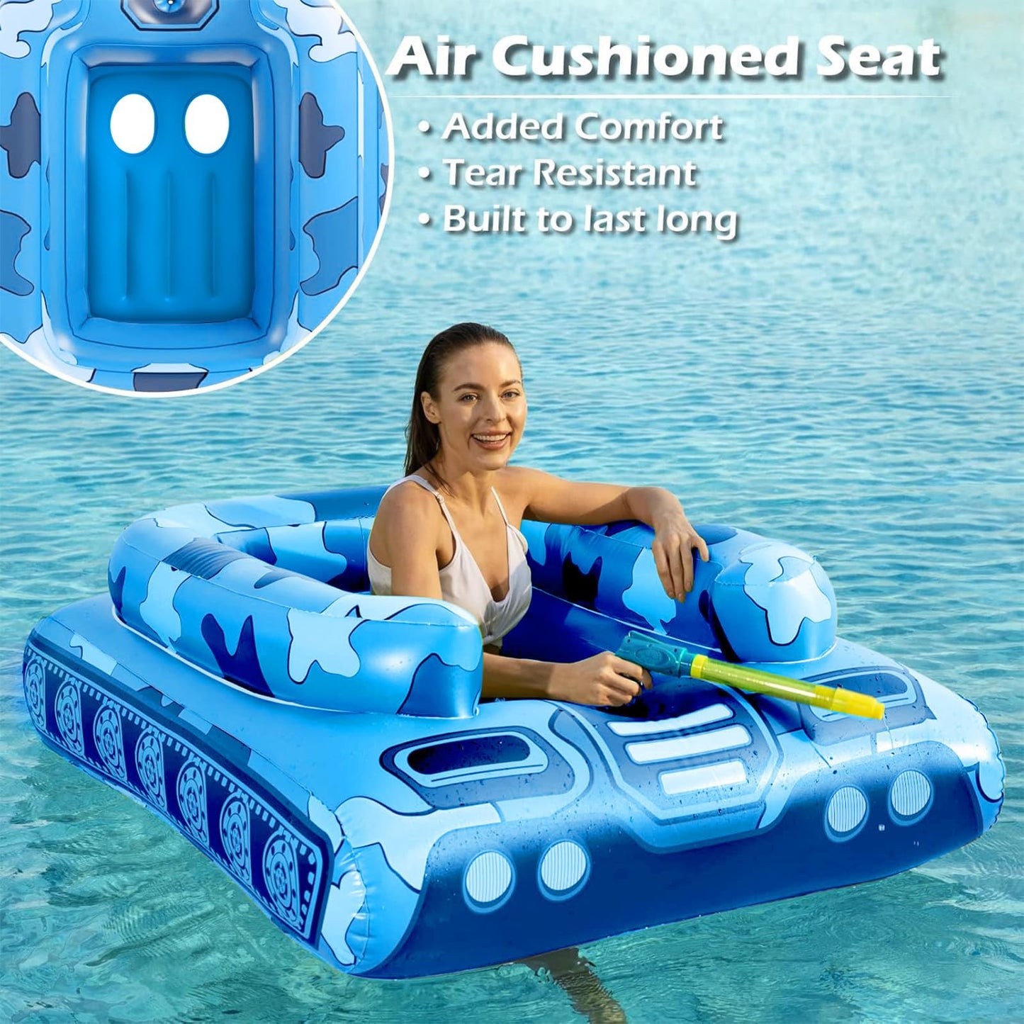 Jasonwell Inflatable Tank Pool Float with Water Cannon – Large Sit-In for Adults & Kids