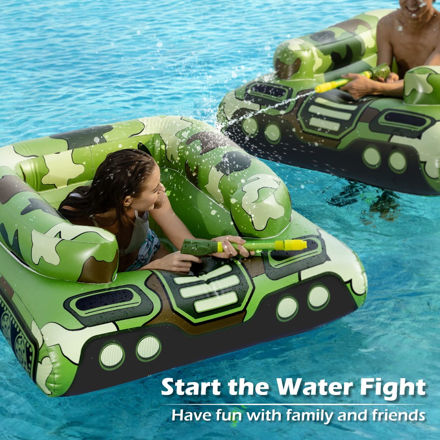 Jasonwell Inflatable Tank Pool Float with Water Cannon — Green, Large Tank Float for Lake, Beach & Pool Parties