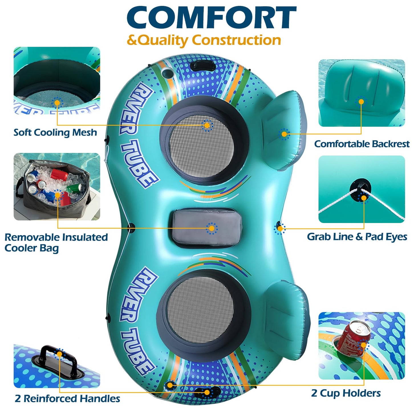 Jasonwell Heavy-Duty 2-Person Inflatable River Tube with Removable Cooler – Cyan