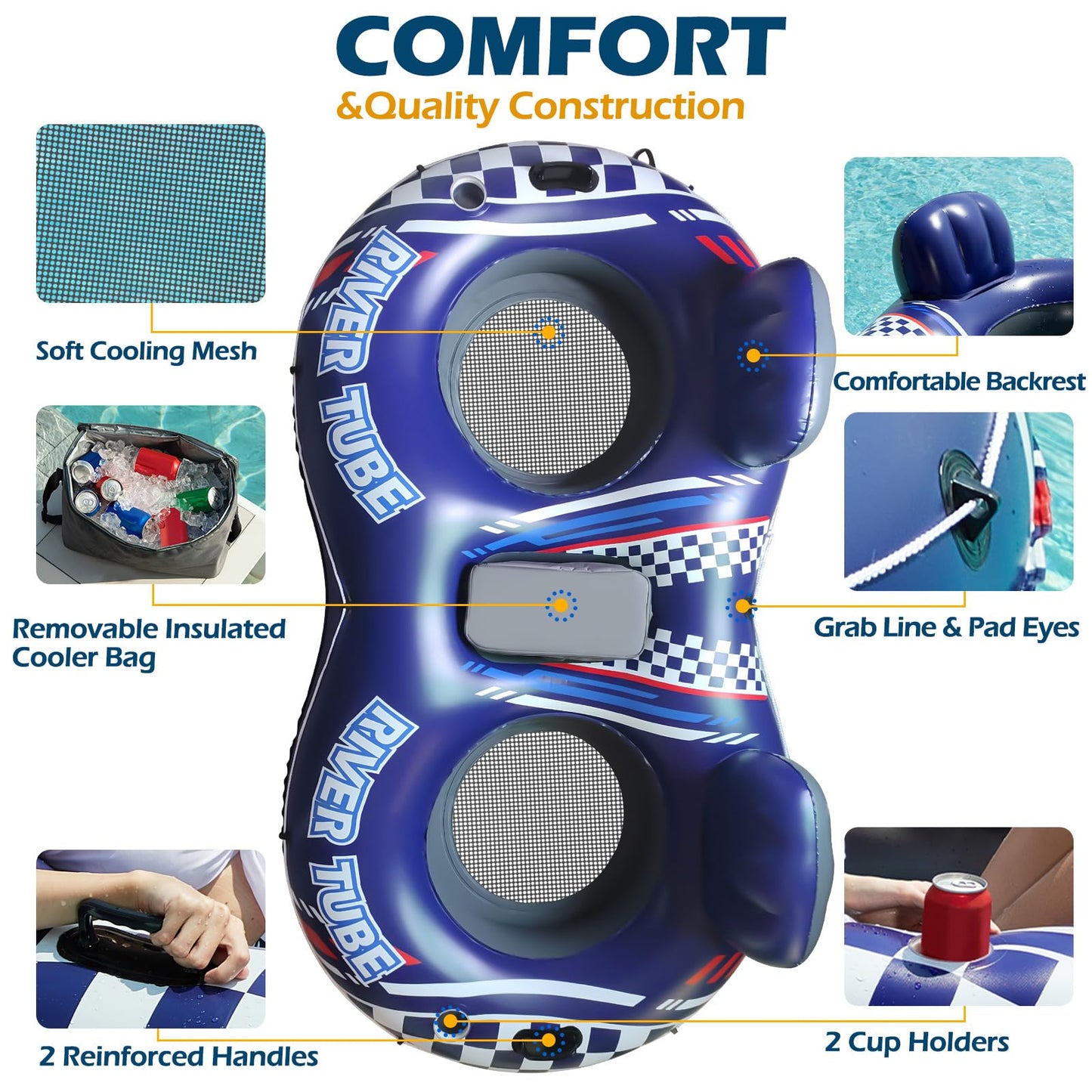Jasonwell Inflatable River Tube Float - 2 Person Heavy Duty Raft with Removable Cooler
