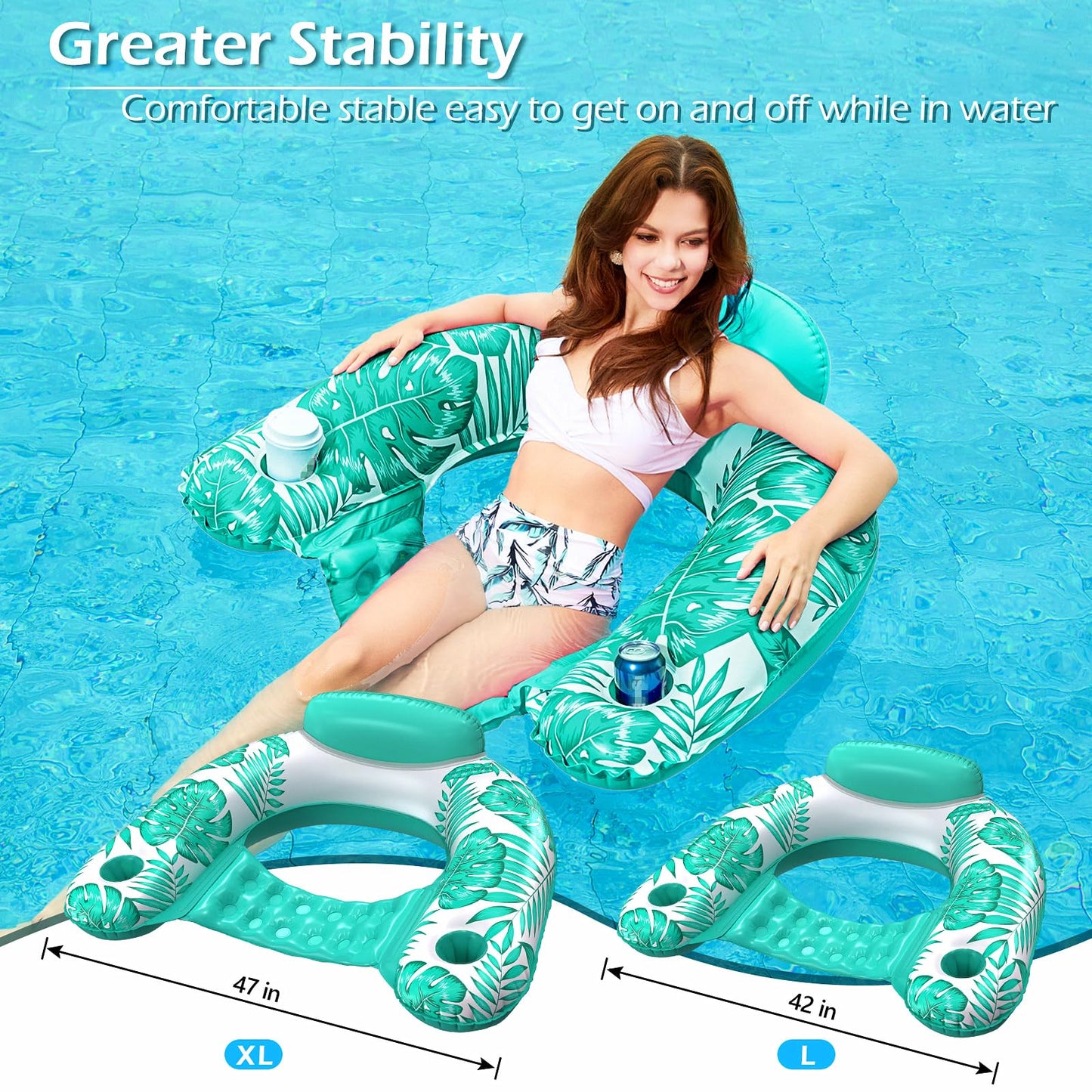 Jasonwell Inflatable Pool Float Chair with Cup Holders – Durable Pool Lounge (XL TropicalGreen)