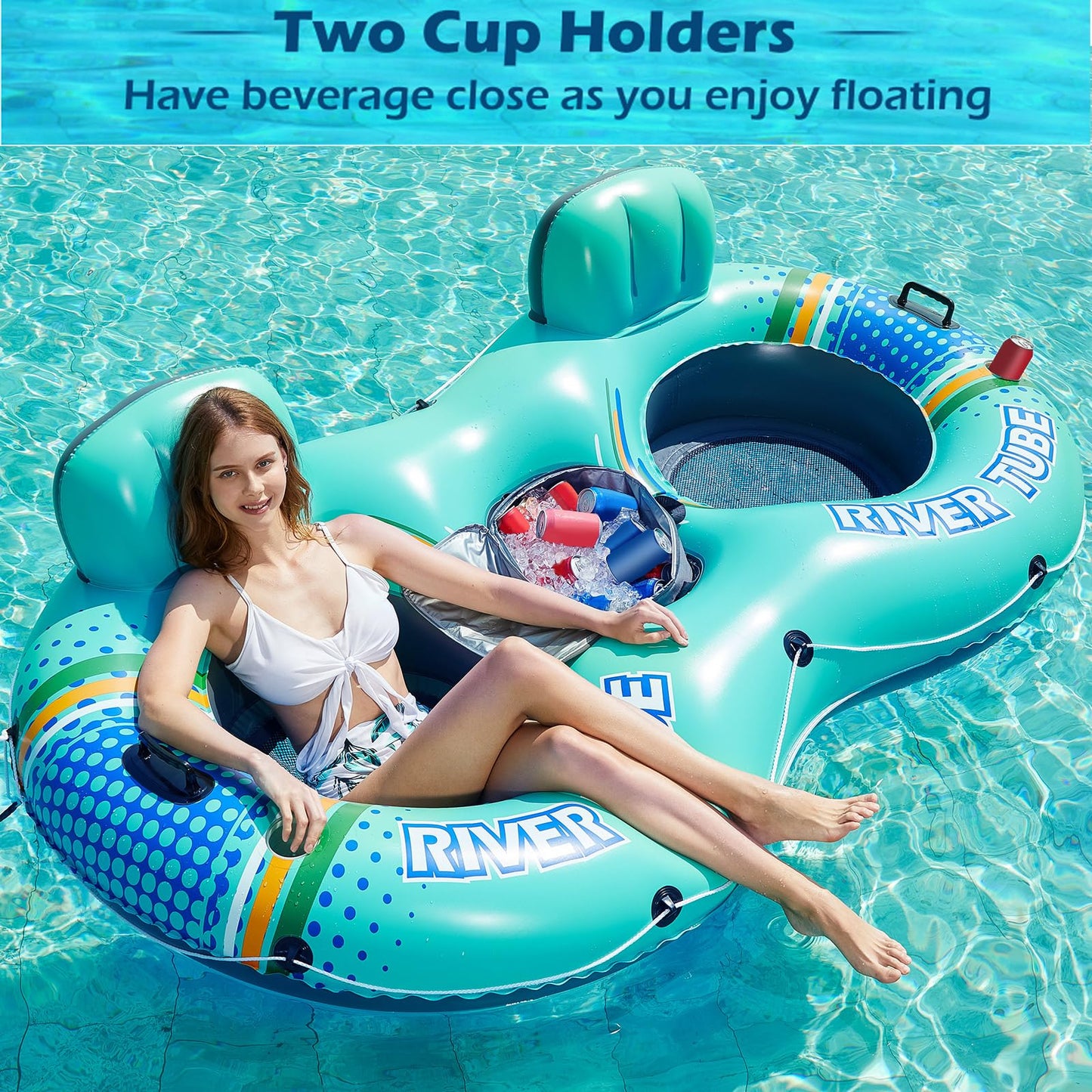 Jasonwell Heavy-Duty 2-Person Inflatable River Tube with Removable Cooler – Cyan