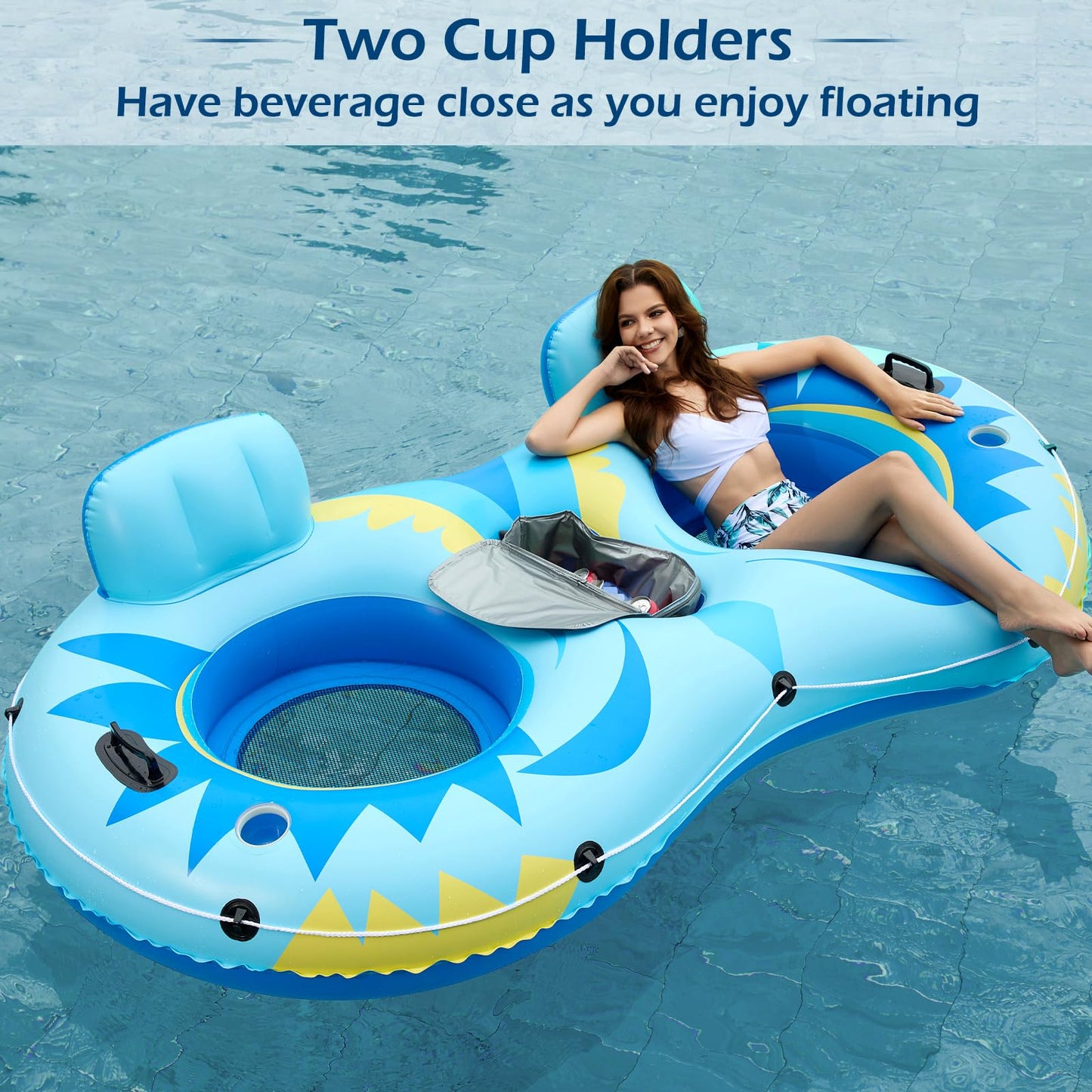 Jasonwell Inflatable River Tube Float - 2 Person Heavy-Duty River Lounge with Removable Cooler & Cup Holders