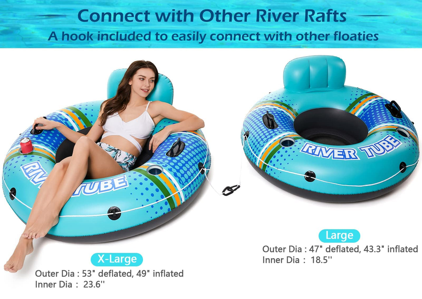 Jasonwell Inflatable River Tube Float - Heavy-Duty Backrest, Cup Holders, 53-inch Diameter