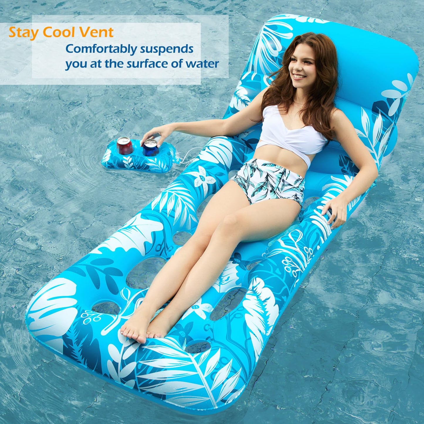Jasonwell Inflatable Pool Float Adult – Adjustable Backrest & Cup Holders (Blue)