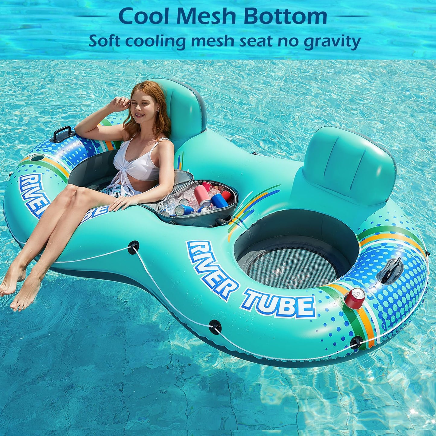 Jasonwell Heavy-Duty 2-Person Inflatable River Tube with Removable Cooler – Cyan