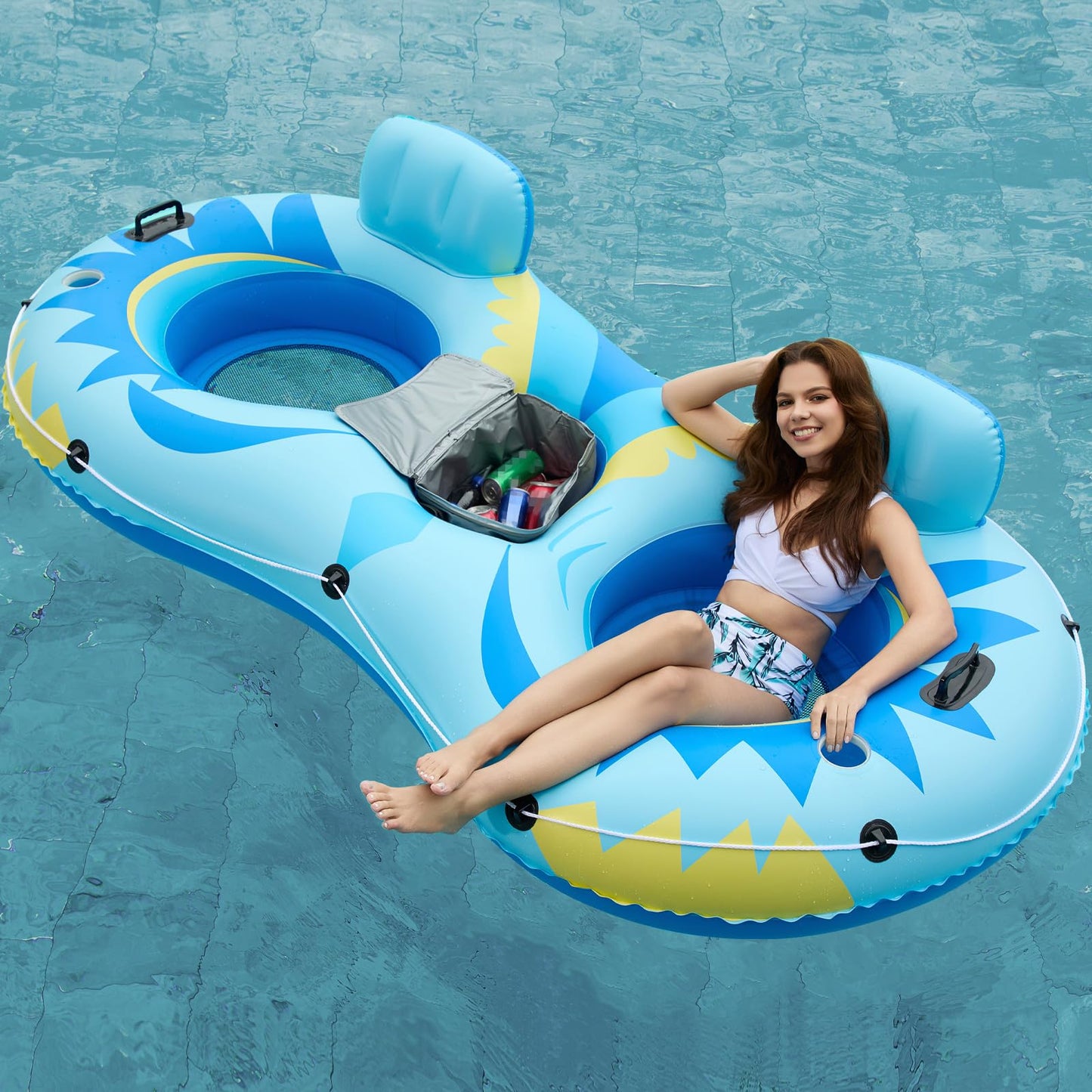 Jasonwell Inflatable River Tube Float - 2 Person Heavy-Duty River Lounge with Removable Cooler & Cup Holders