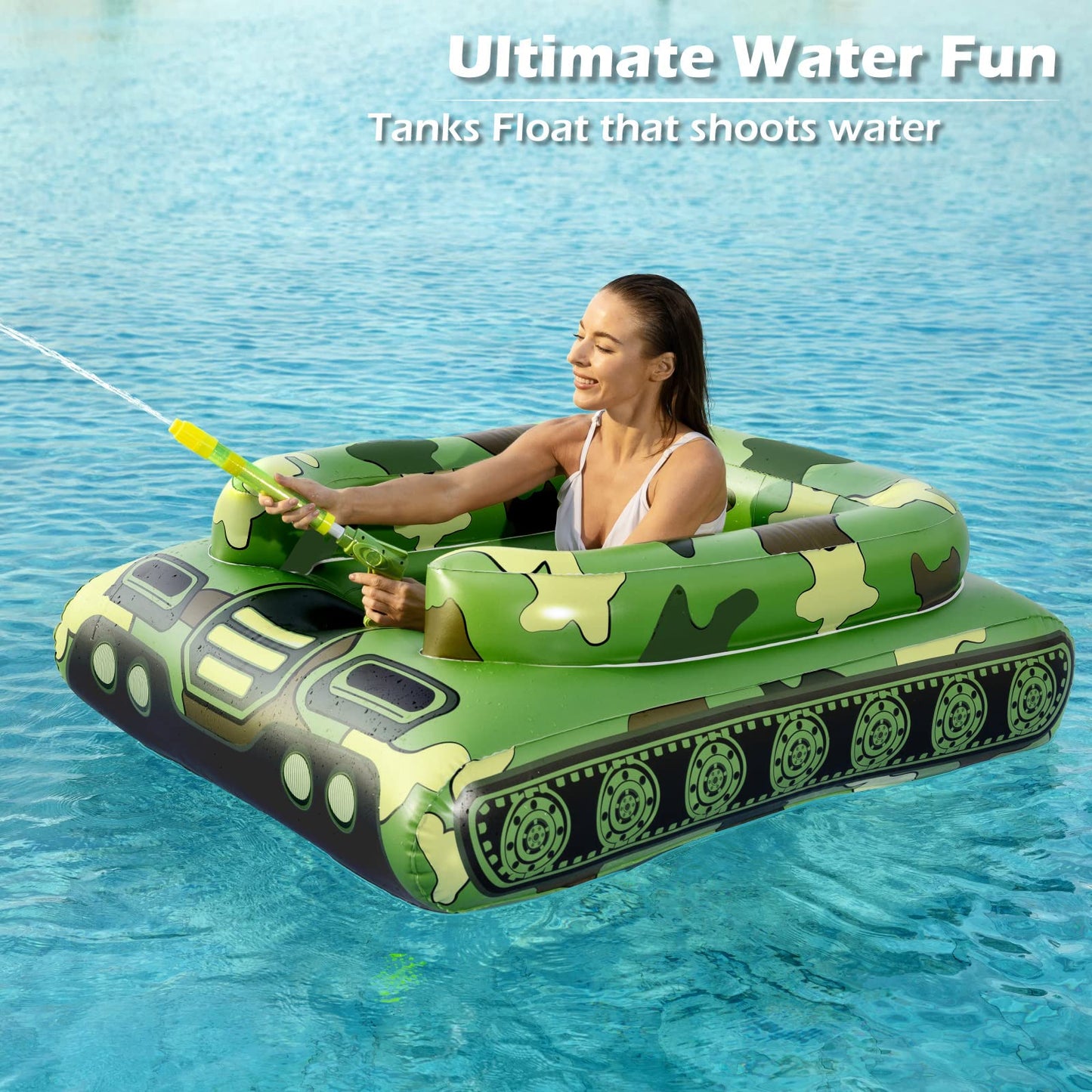 Jasonwell Inflatable Tank Pool Float with Water Cannon — Green, Large Tank Float for Lake, Beach & Pool Parties